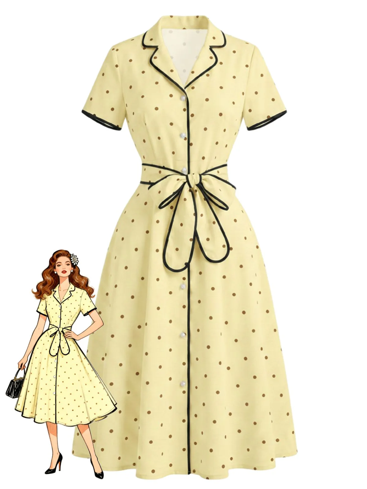 Robe pois col cranté et bordure années 1940