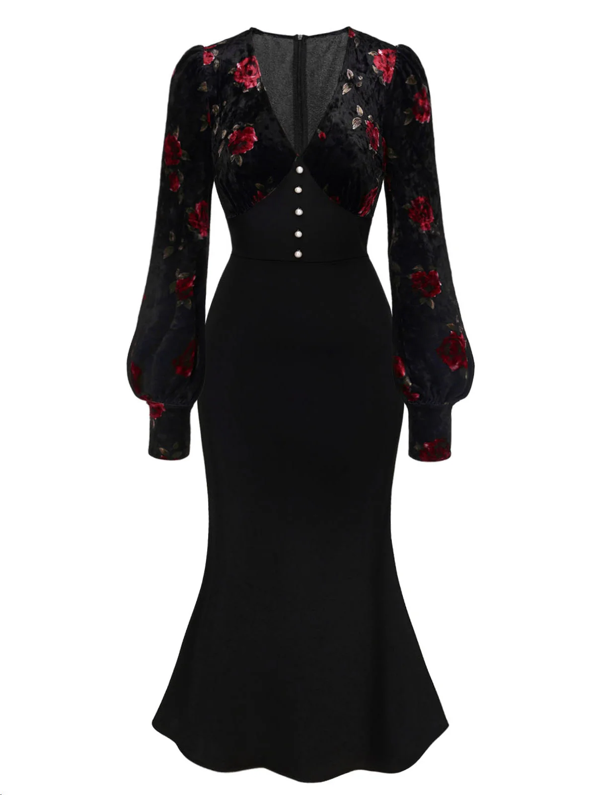 Robe queue de poisson en velours rose noir des années 1930 - Image 3