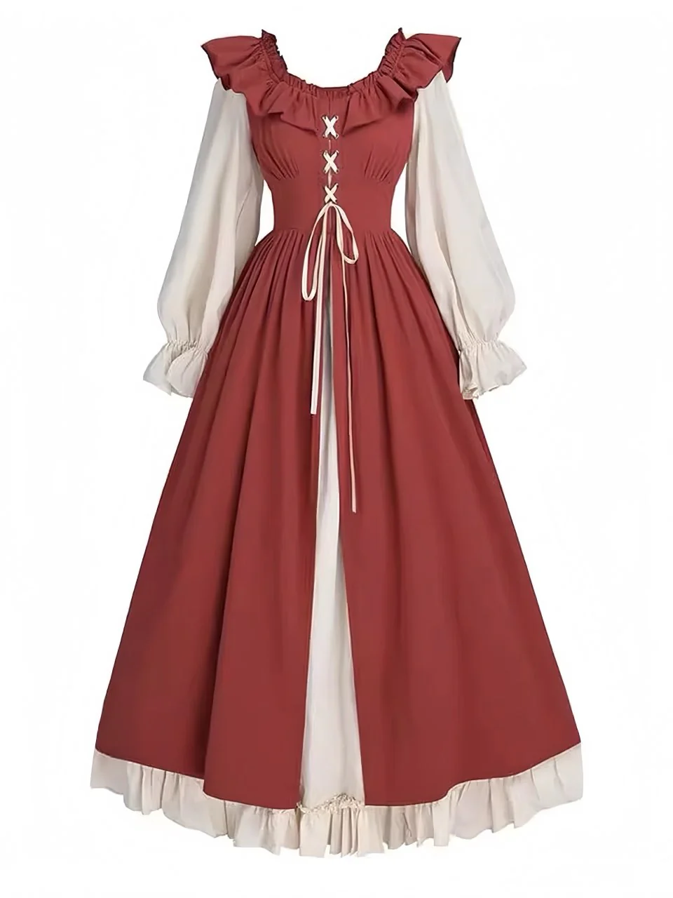 Robe Renaissance à lacets et volants colorblock des années 1930