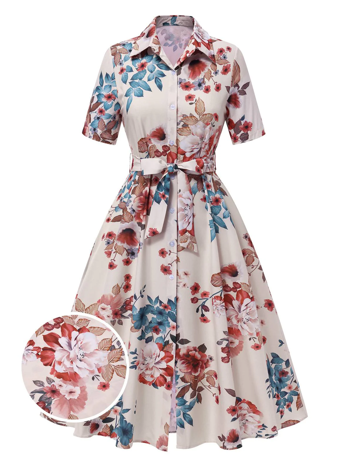 Robe revers ceinturée à fleurs abricot des années 1940