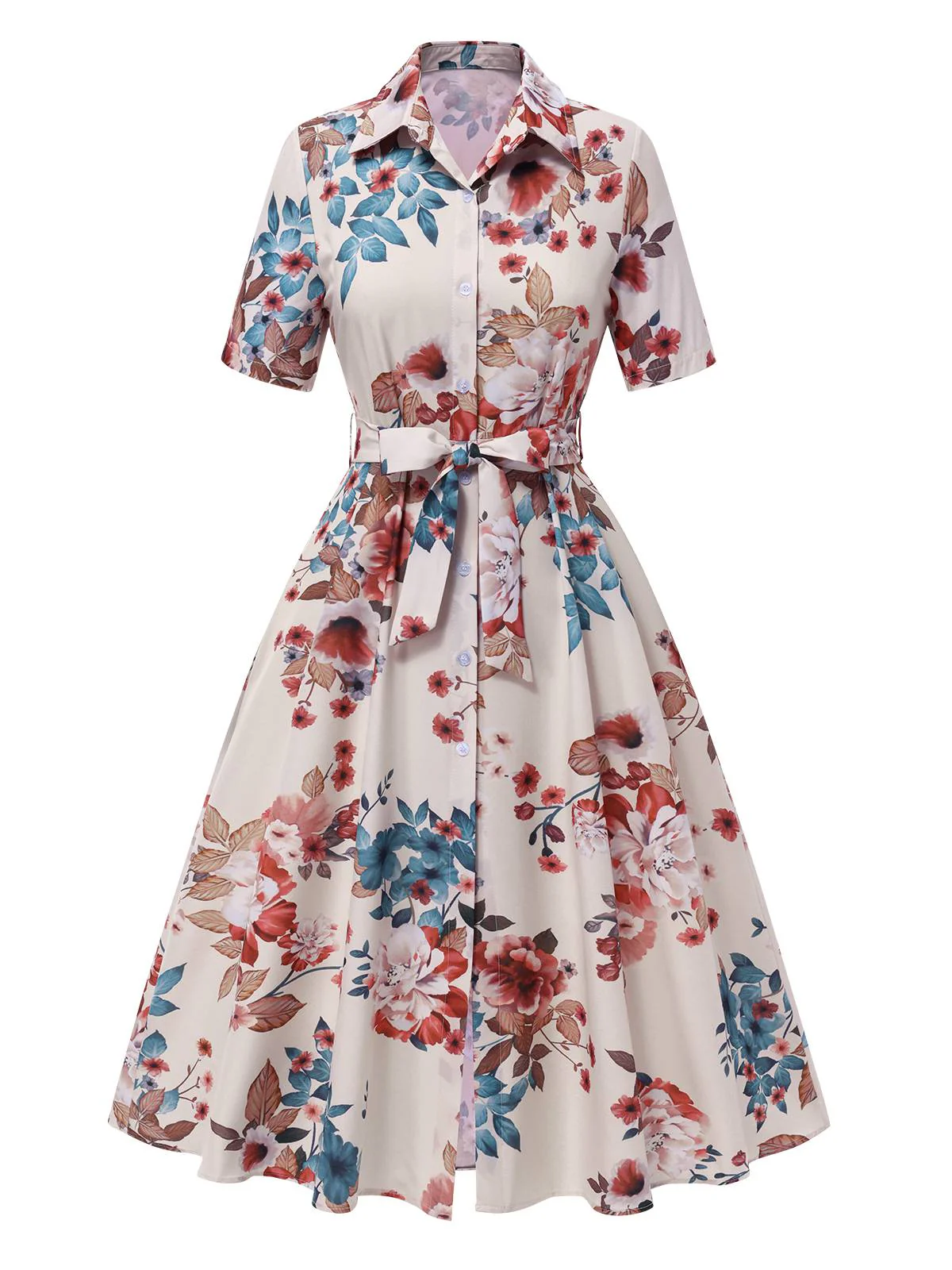 Robe revers ceinturée à fleurs abricot des années 1940 - Image 2