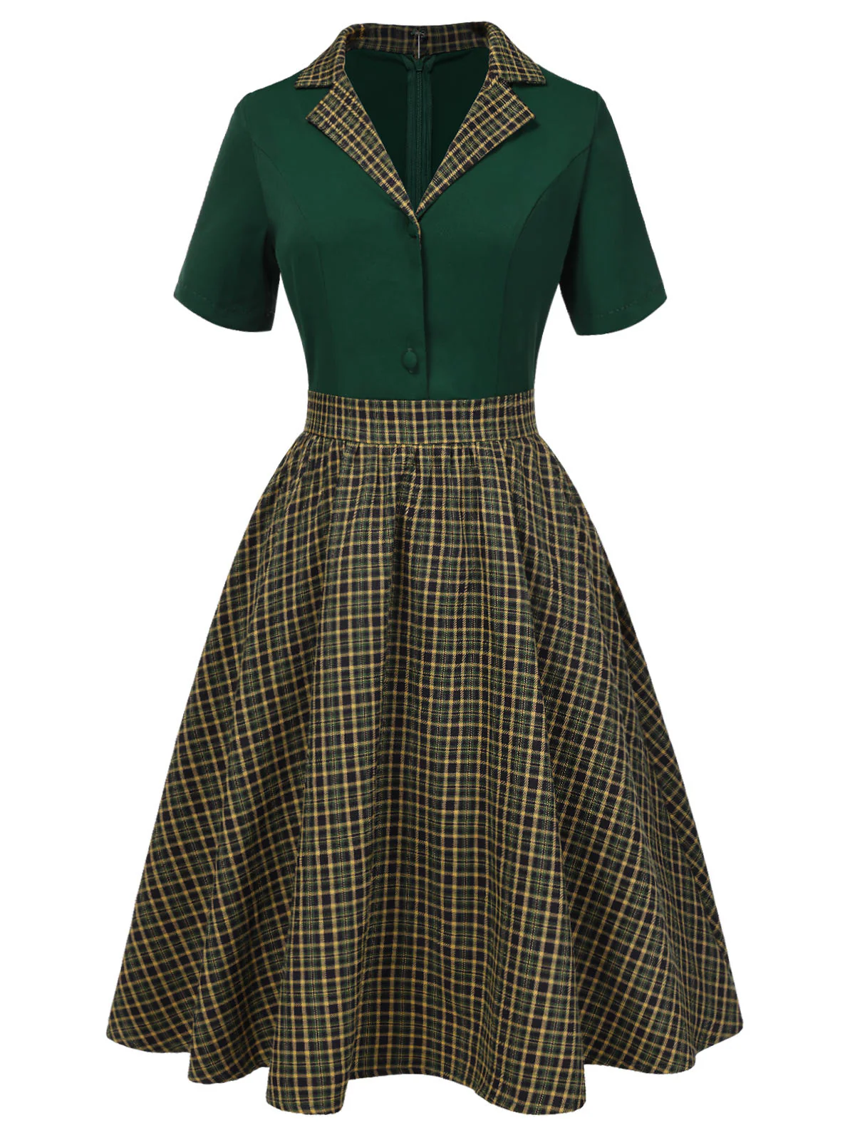 Robe à revers patchwork à carreaux verts des années 1950 - Image 2