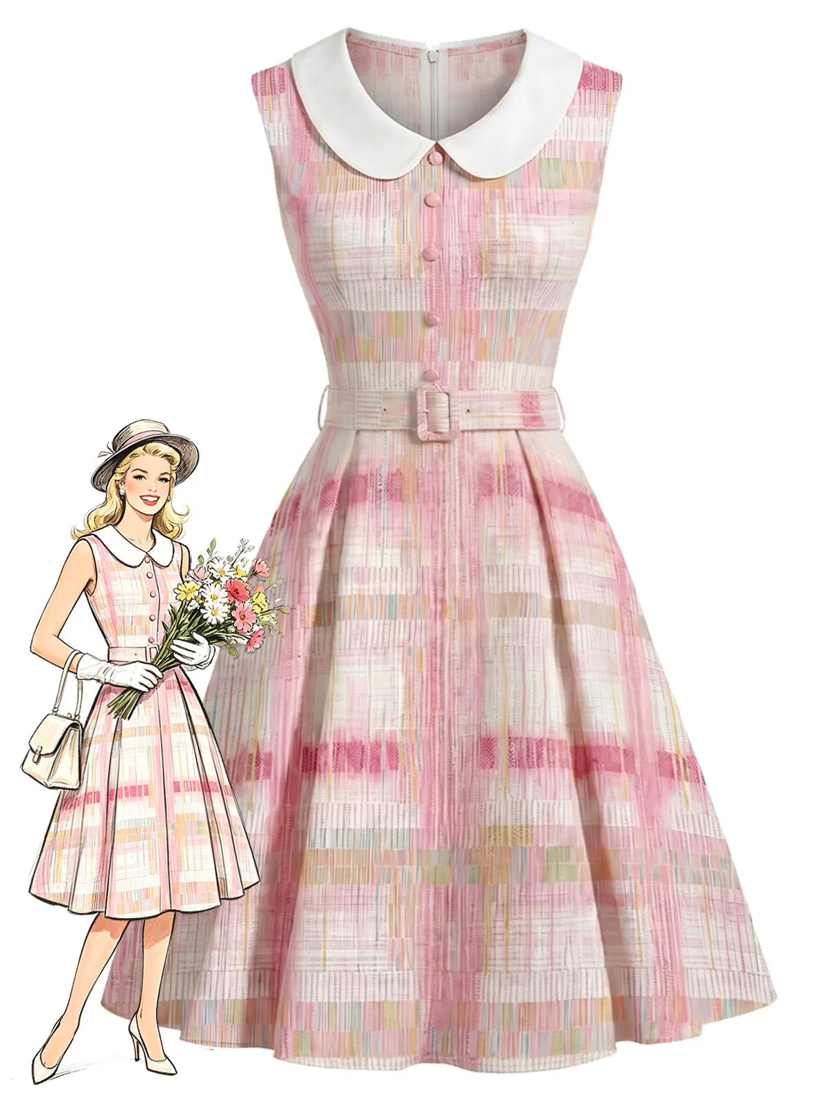 [Prévente] Robe rose carreaux sans manches col Claudine années 1950