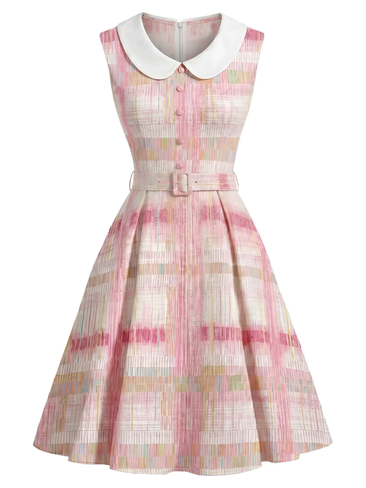 [Prévente] Robe rose carreaux sans manches col Claudine années 1950 - Image 2