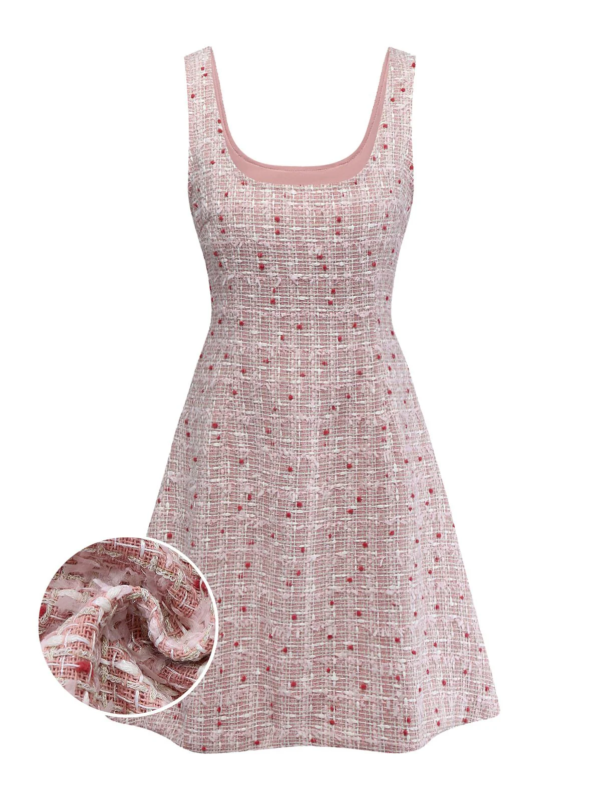 Robe rose chasuble courte en tweed à carreaux années 1960