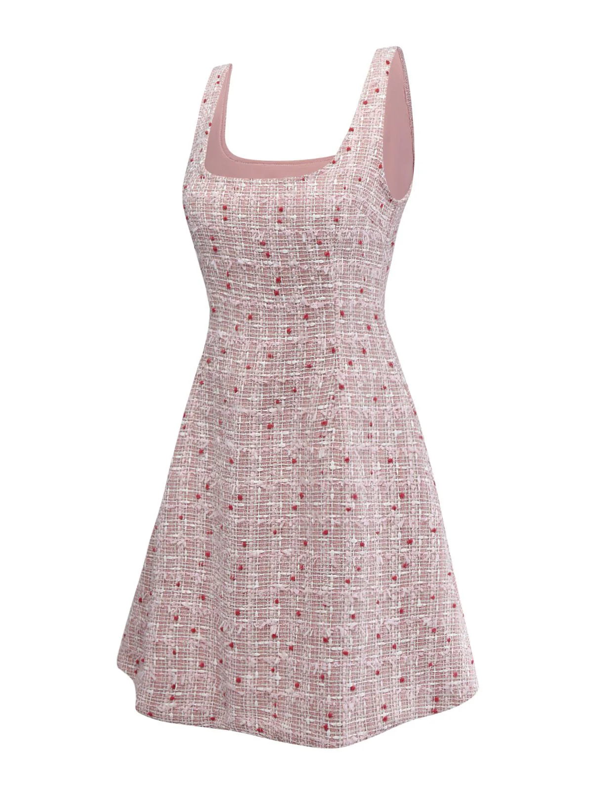 Robe rose chasuble courte en tweed à carreaux années 1960 - Image 3