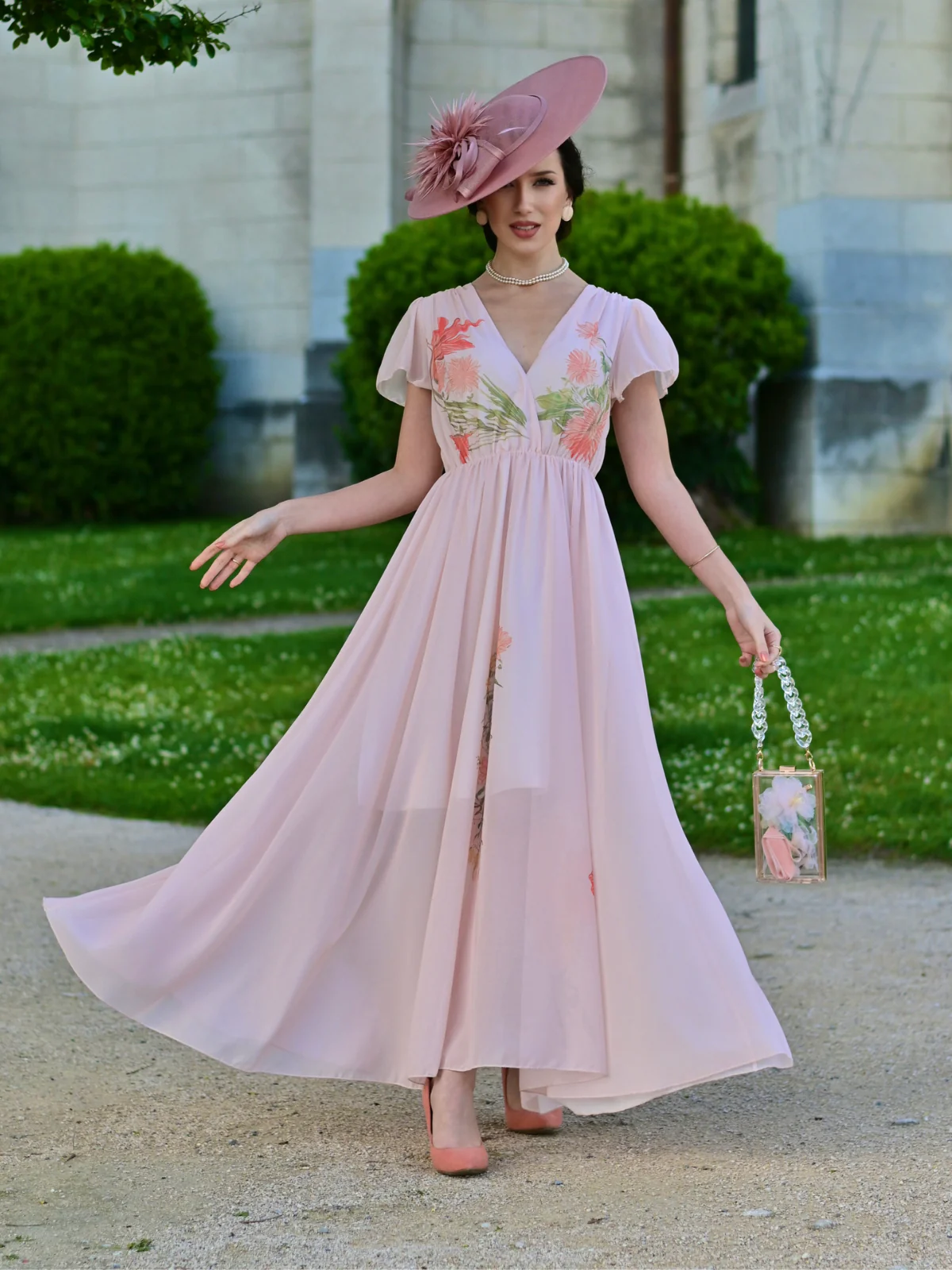 Robe rose col V manches à volants imprimé floral années 1940 - Image 2