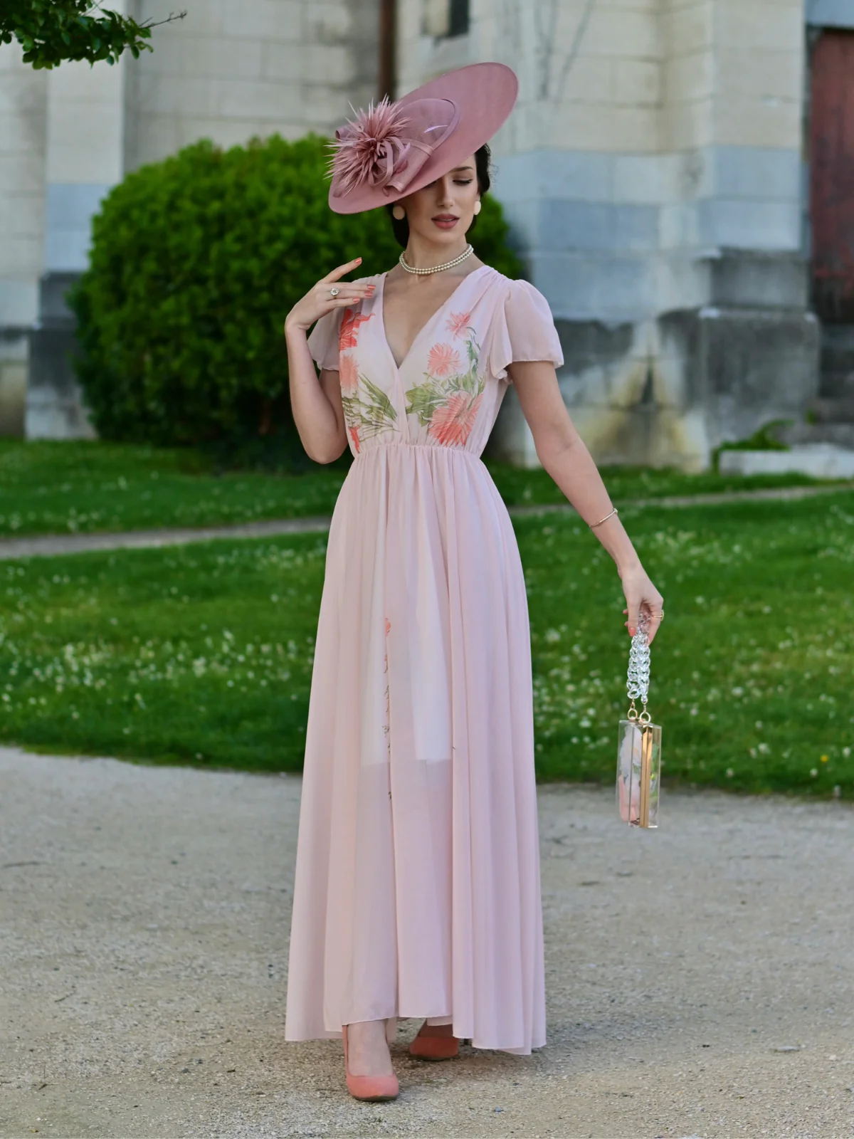 Robe rose col V manches à volants imprimé floral années 1940 - Image 3