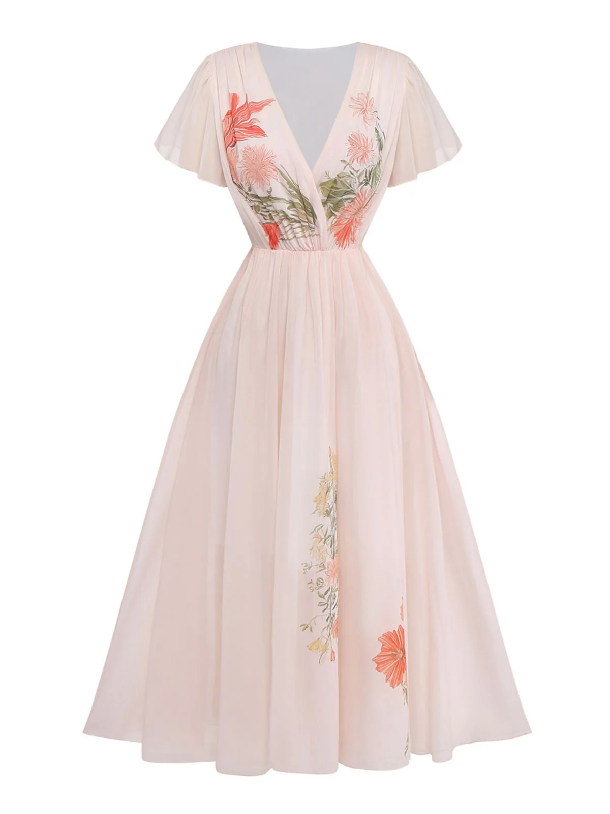 Robe rose col V manches à volants imprimé floral années 1940 - Image 5