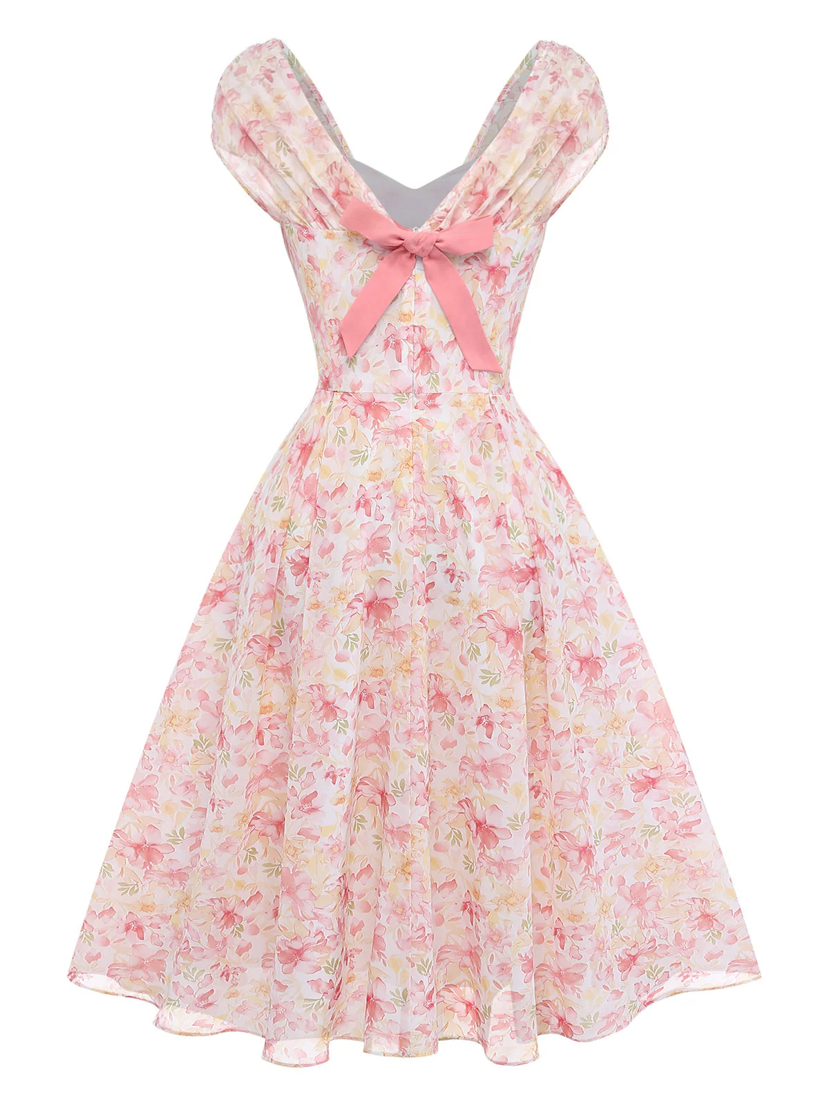 Robe rose floral décolleté cœur avec nœud années 50 - Image 8