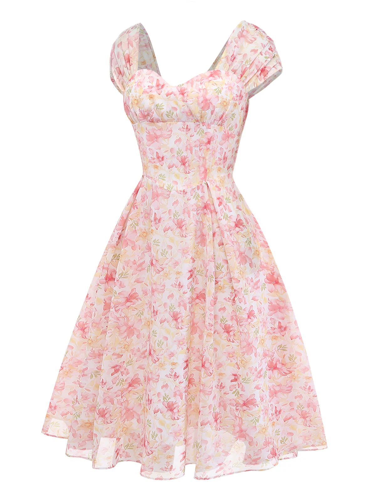 Robe rose floral décolleté cœur avec nœud années 50 - Image 9