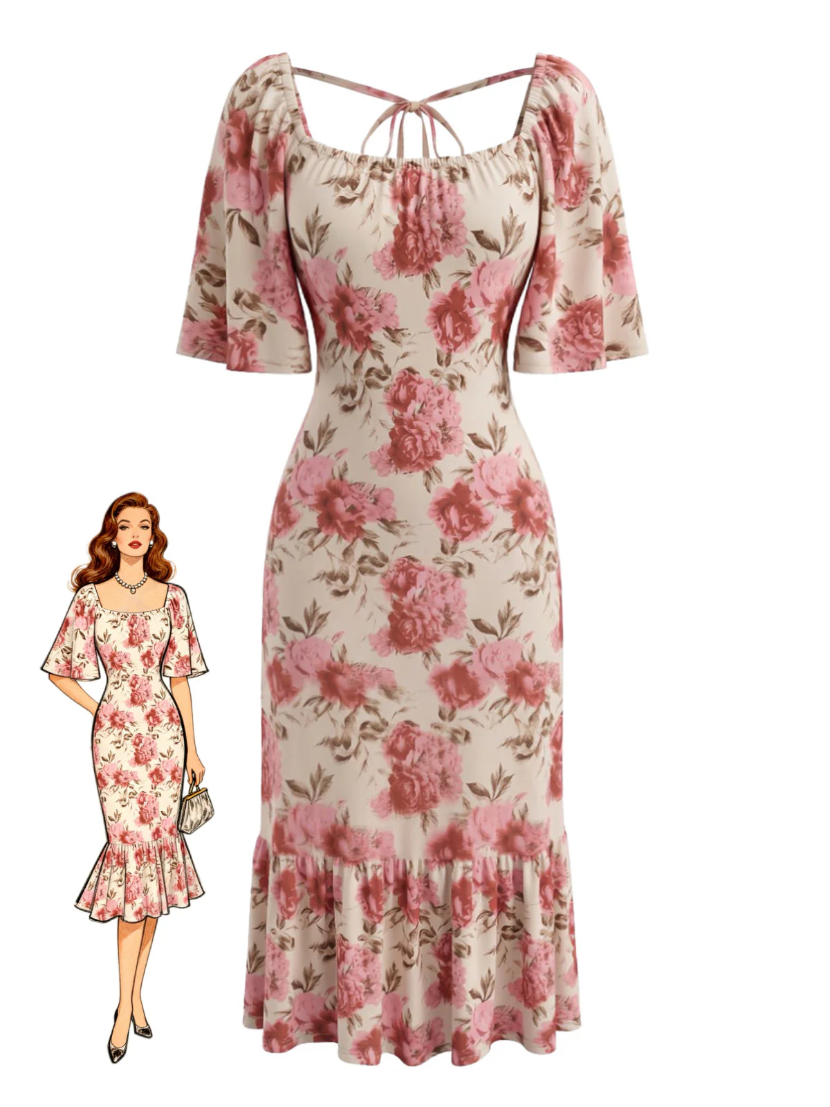 Robe Rose Manches Bouffantes Midi Années 1930