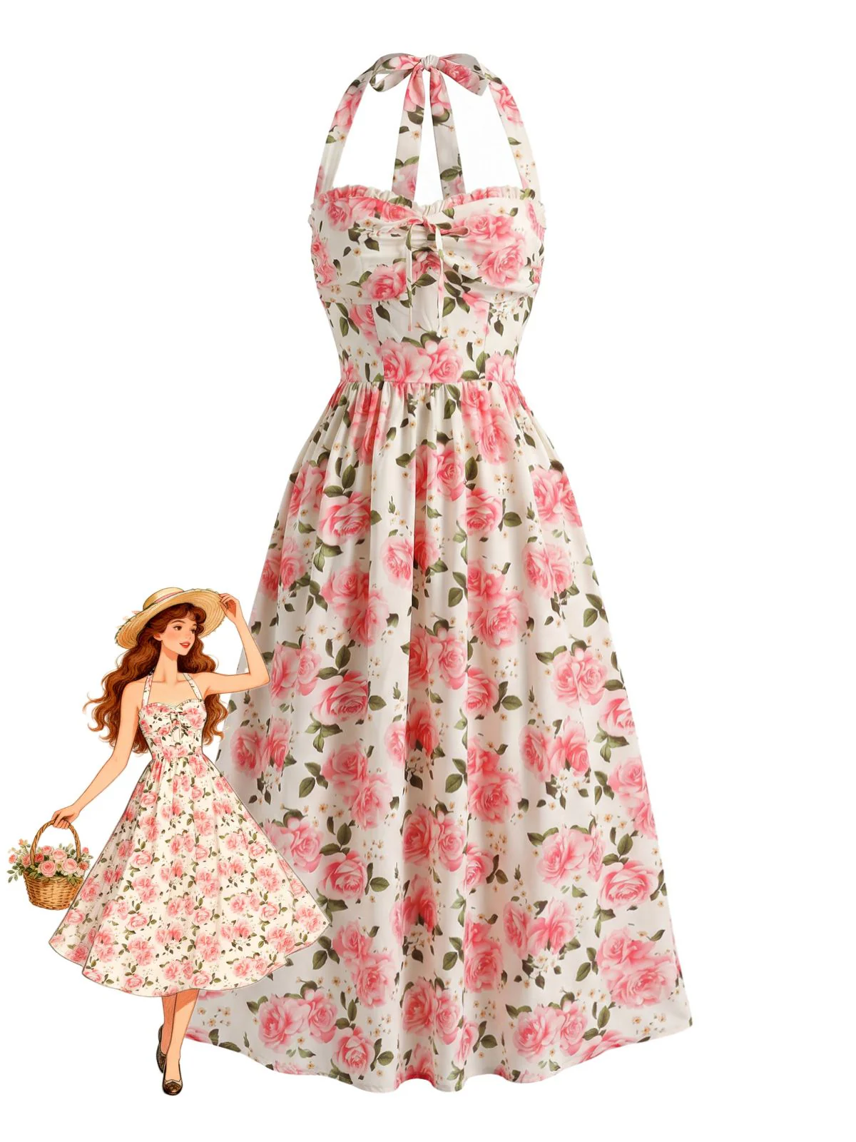 Robe rose motif floral dos nu et taille haute années 1940