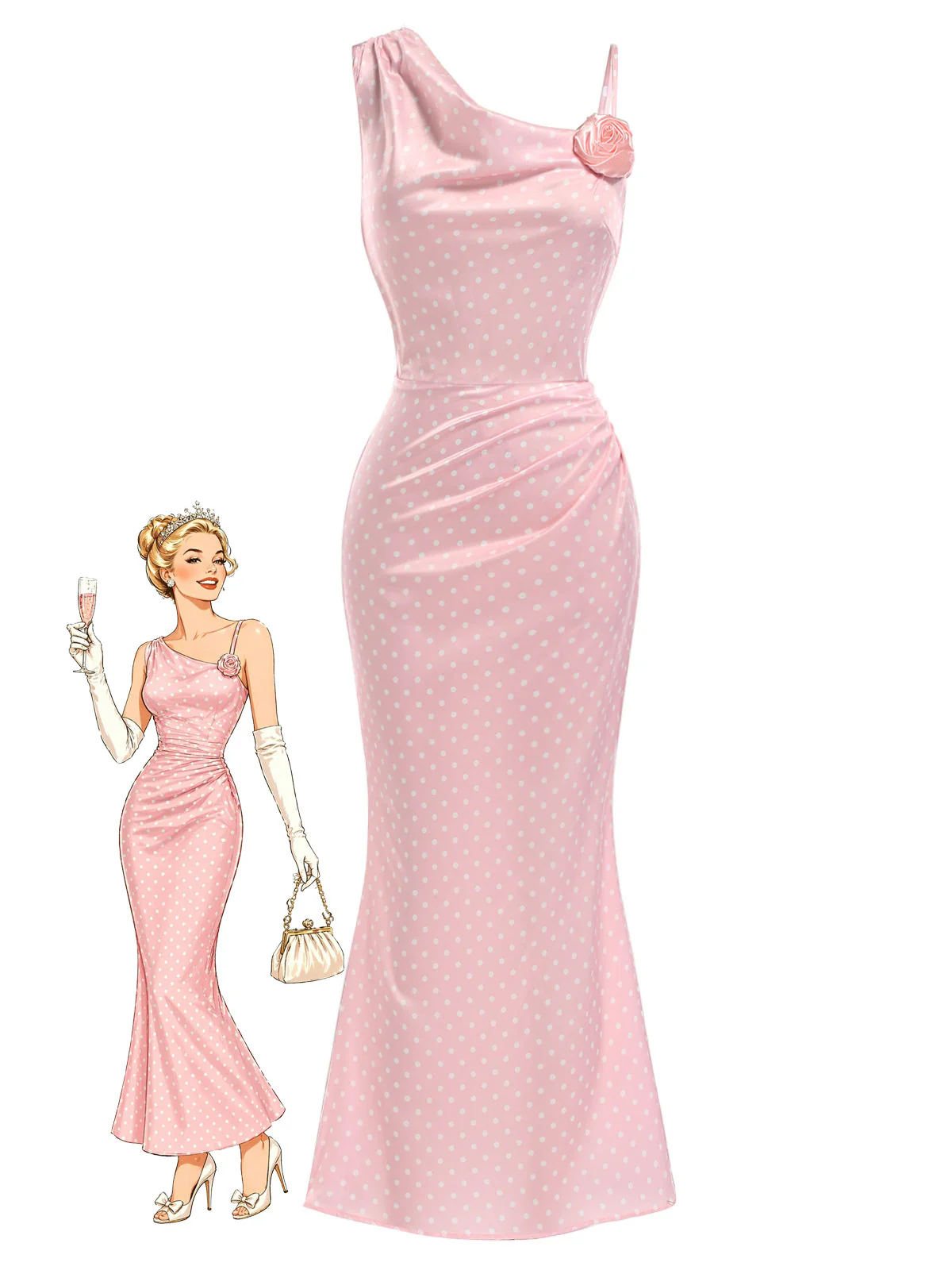 [Prévente] Robe Rose à Pois Satin Sirène Années 1930