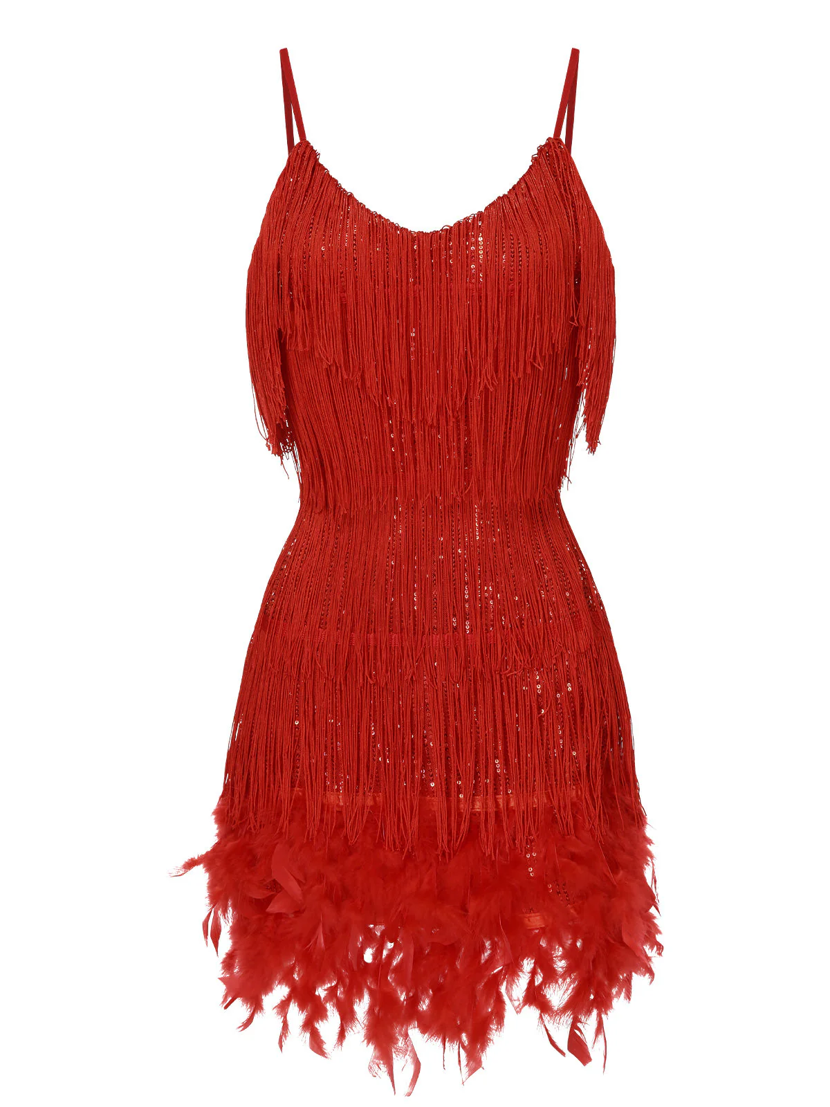 Robe rouge à bretelles spaghetti et à franges en plumes des années 1920 - Image 2
