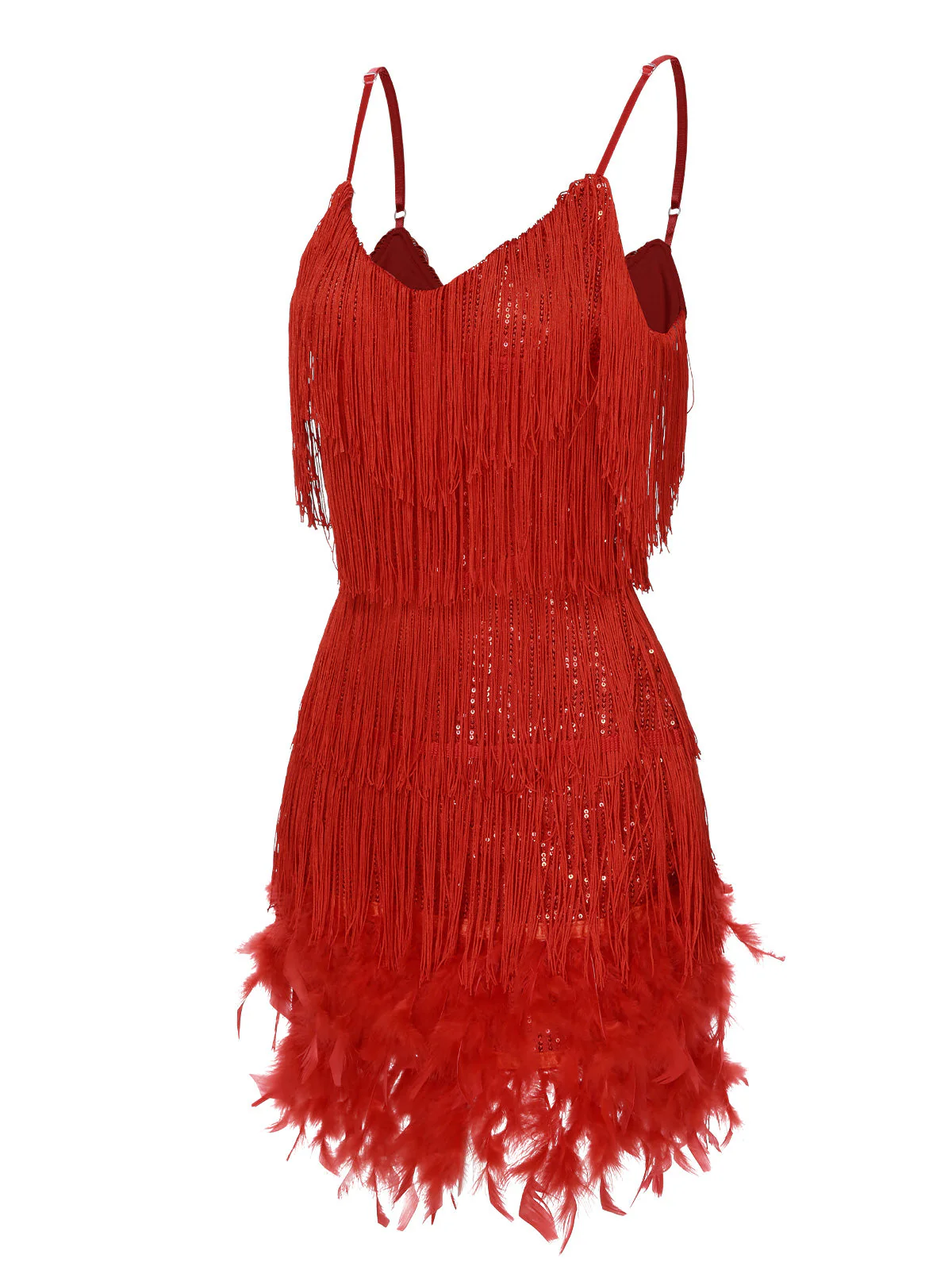 Robe rouge à bretelles spaghetti et à franges en plumes des années 1920 - Image 3