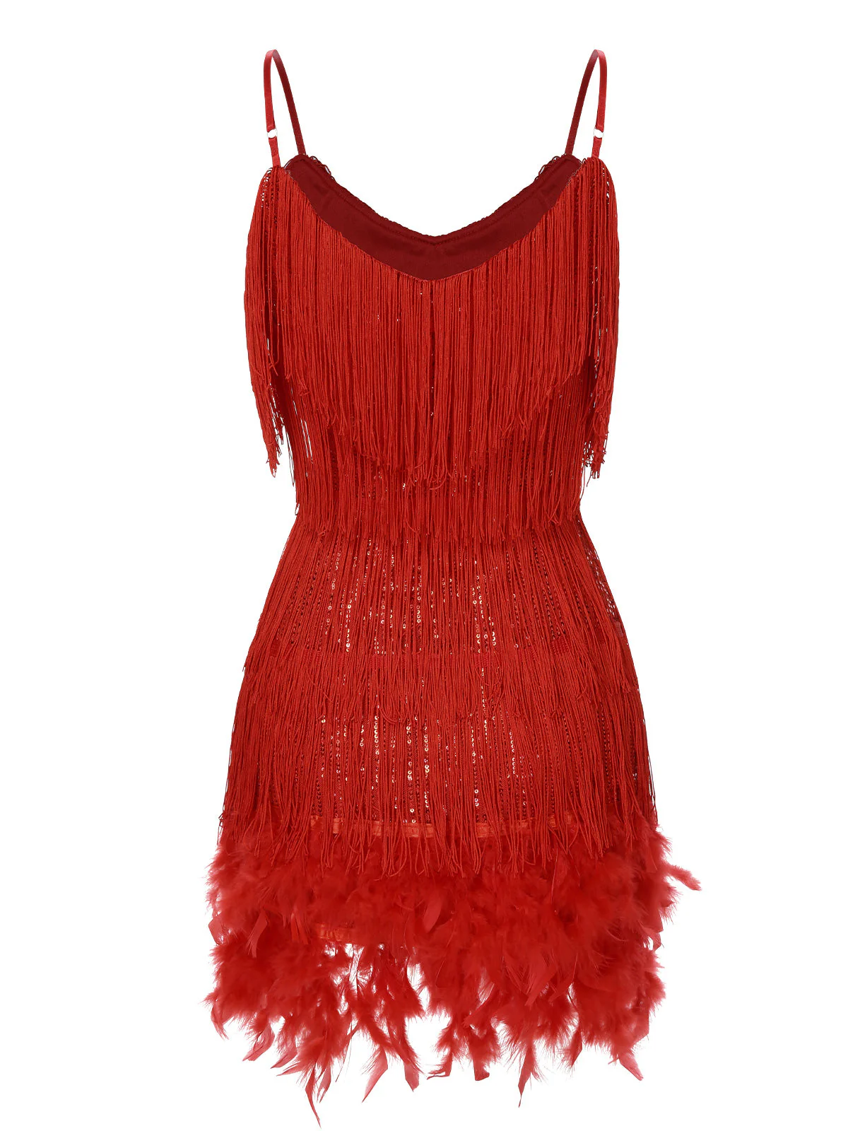 Robe rouge à bretelles spaghetti et à franges en plumes des années 1920 - Image 4