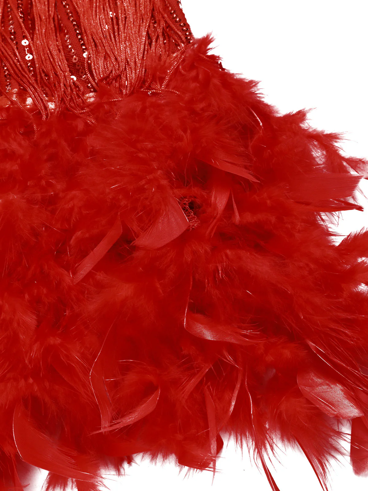 Robe rouge à bretelles spaghetti et à franges en plumes des années 1920 - Image 5