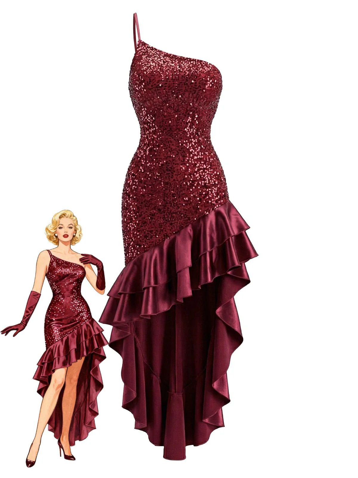 Robe rouge asymétrique à sequins et volants années 1930