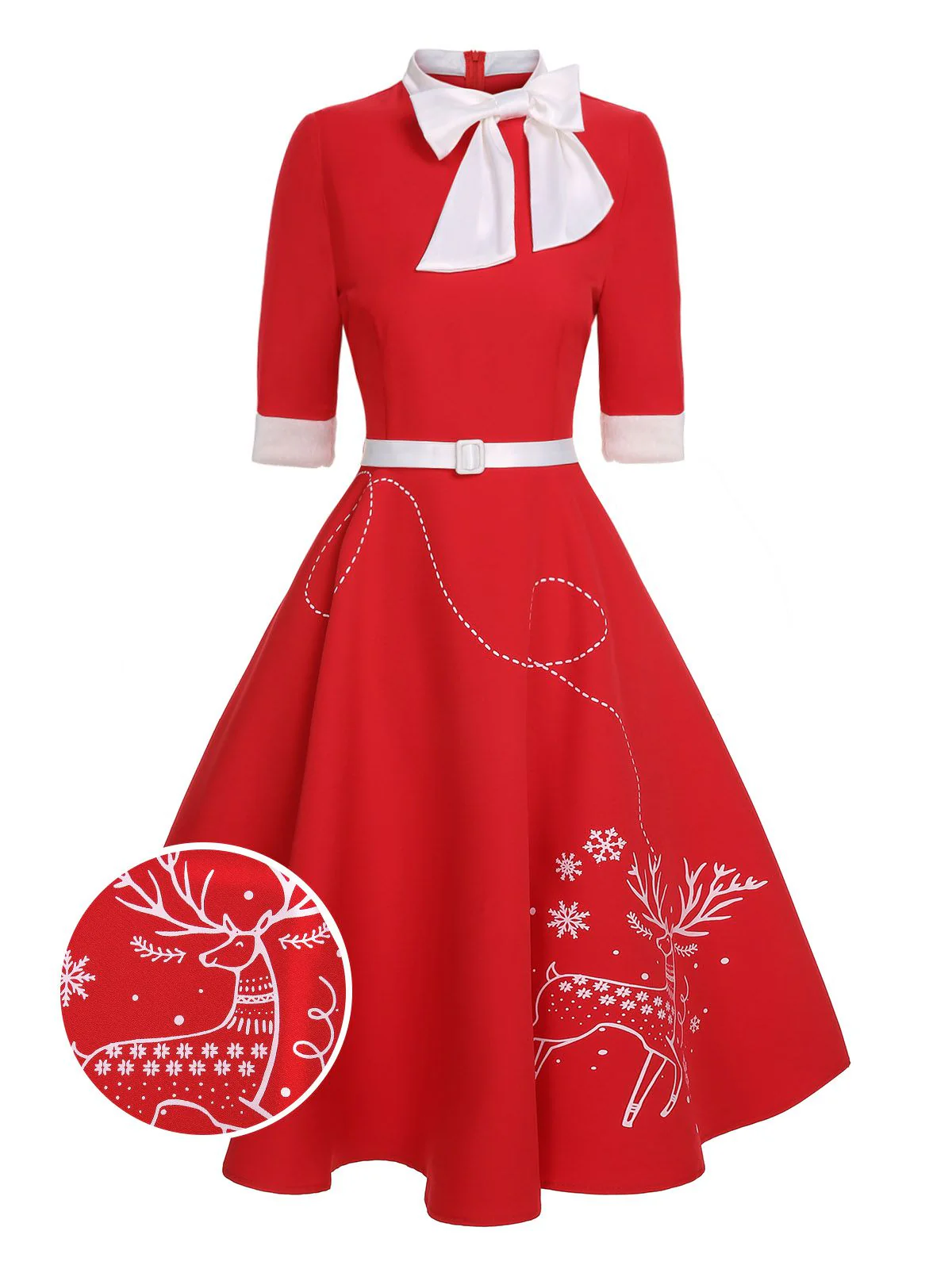 Robe rouge avec ceinture et nœud en forme d'élan des années 1950 - Image 2