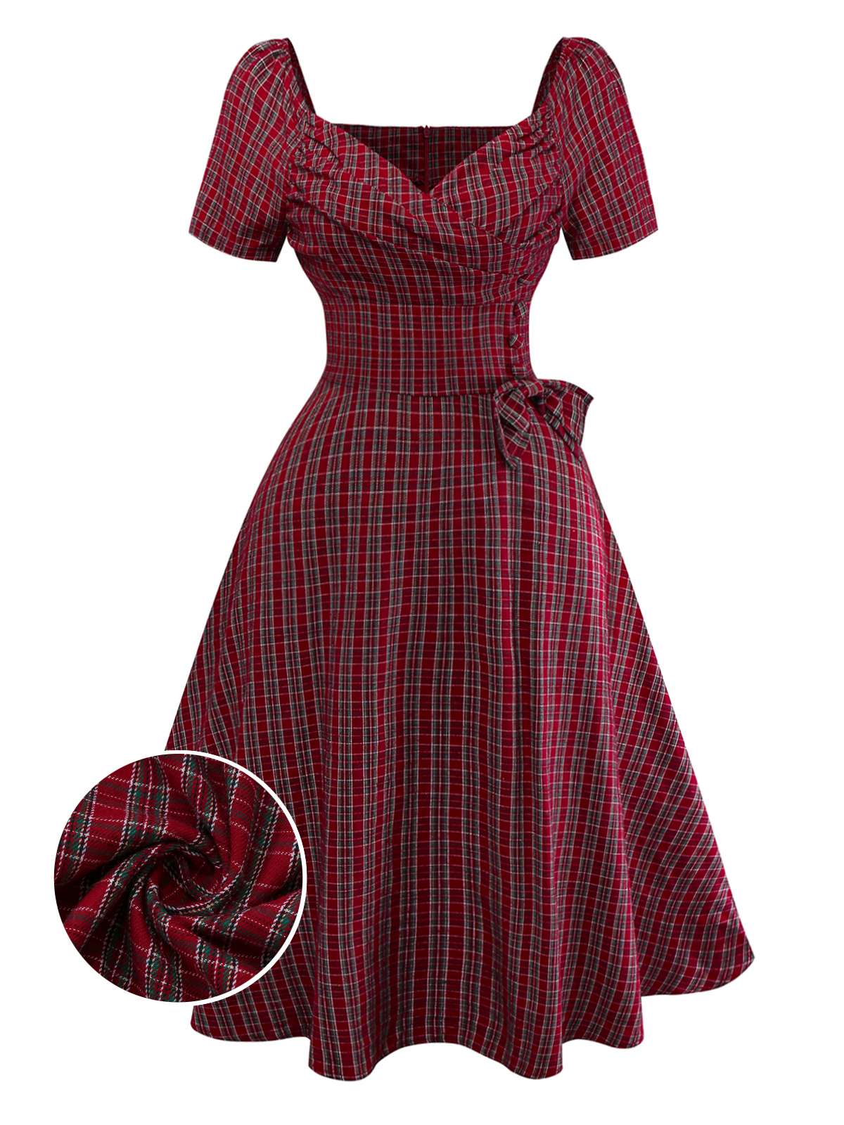 Robe rouge à carreaux col cœur froncée et nœud des années 50