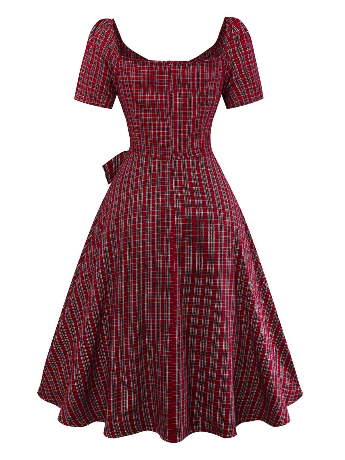 Robe rouge à carreaux col cœur froncée et nœud des années 50 - Image 4