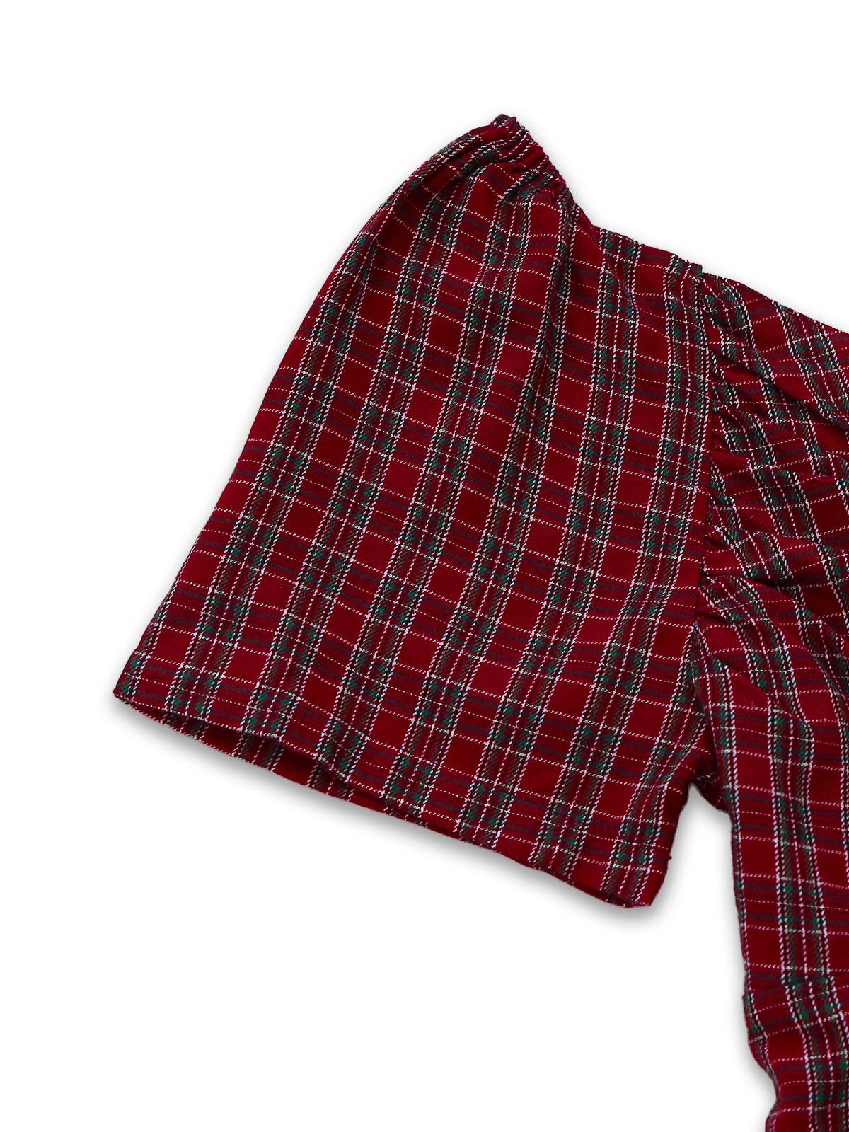 Robe rouge à carreaux col cœur froncée et nœud des années 50 - Image 5