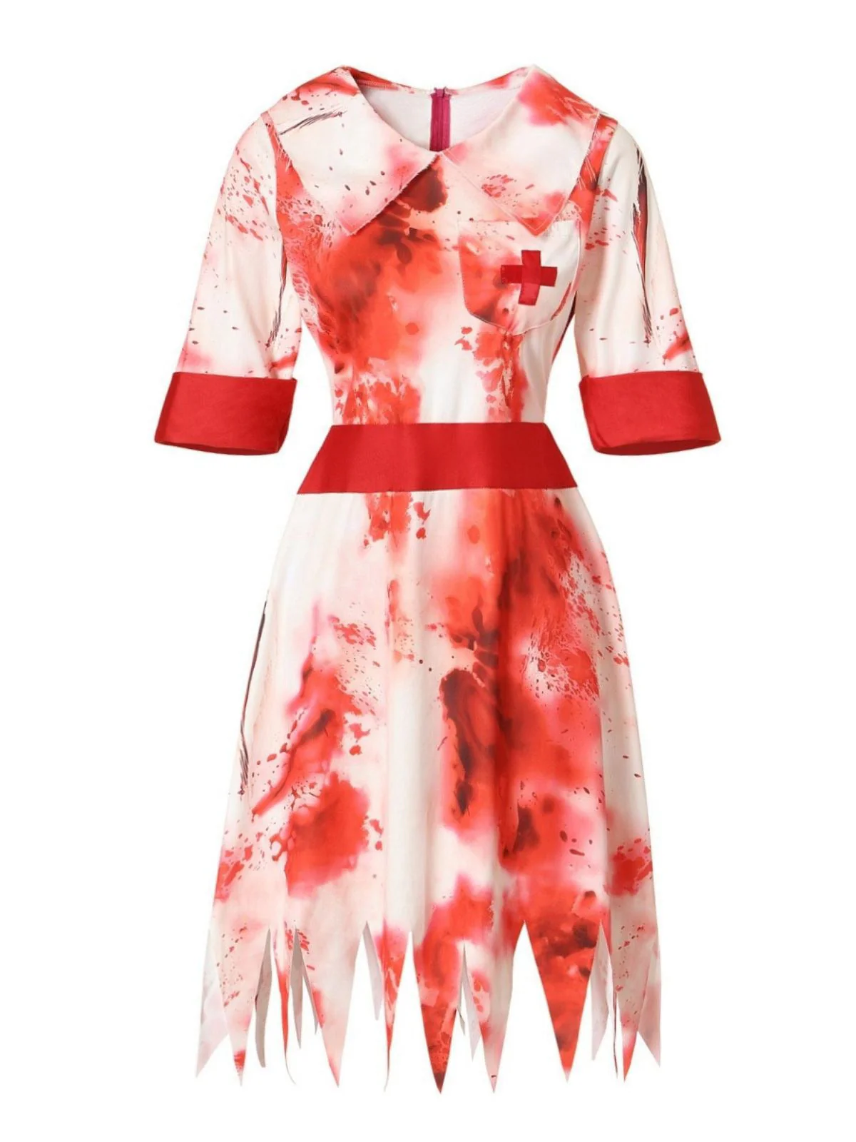Robe rouge d'infirmière zombie d'Halloween des années 1950 avec taches de sang - Image 2