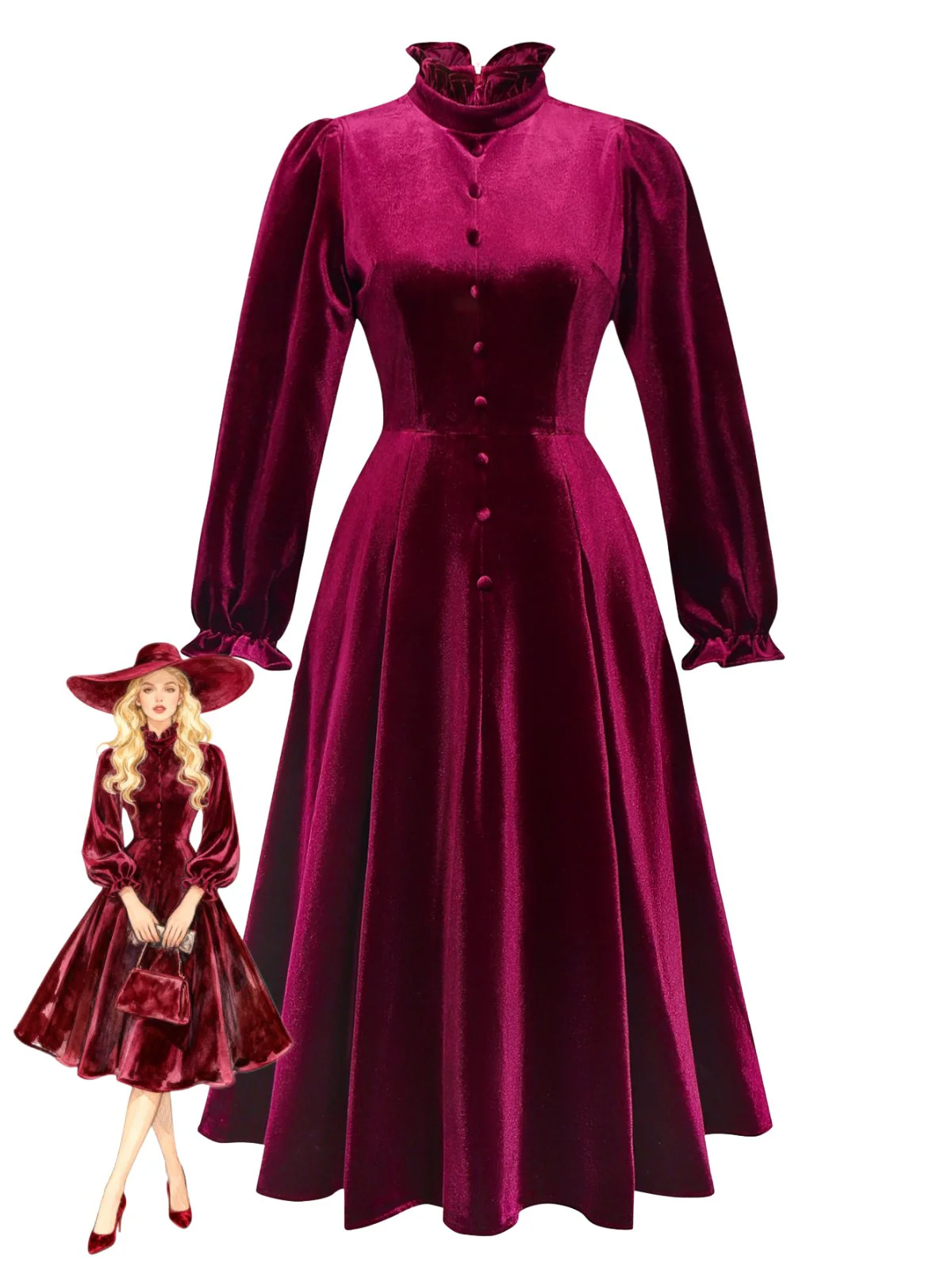 Robe rouge en velours à col volanté et manches lanternes années 1950
