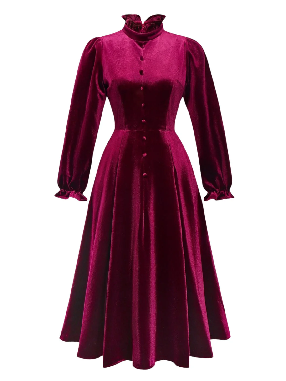 Robe rouge en velours à col volanté et manches lanternes années 1950 - Image 2