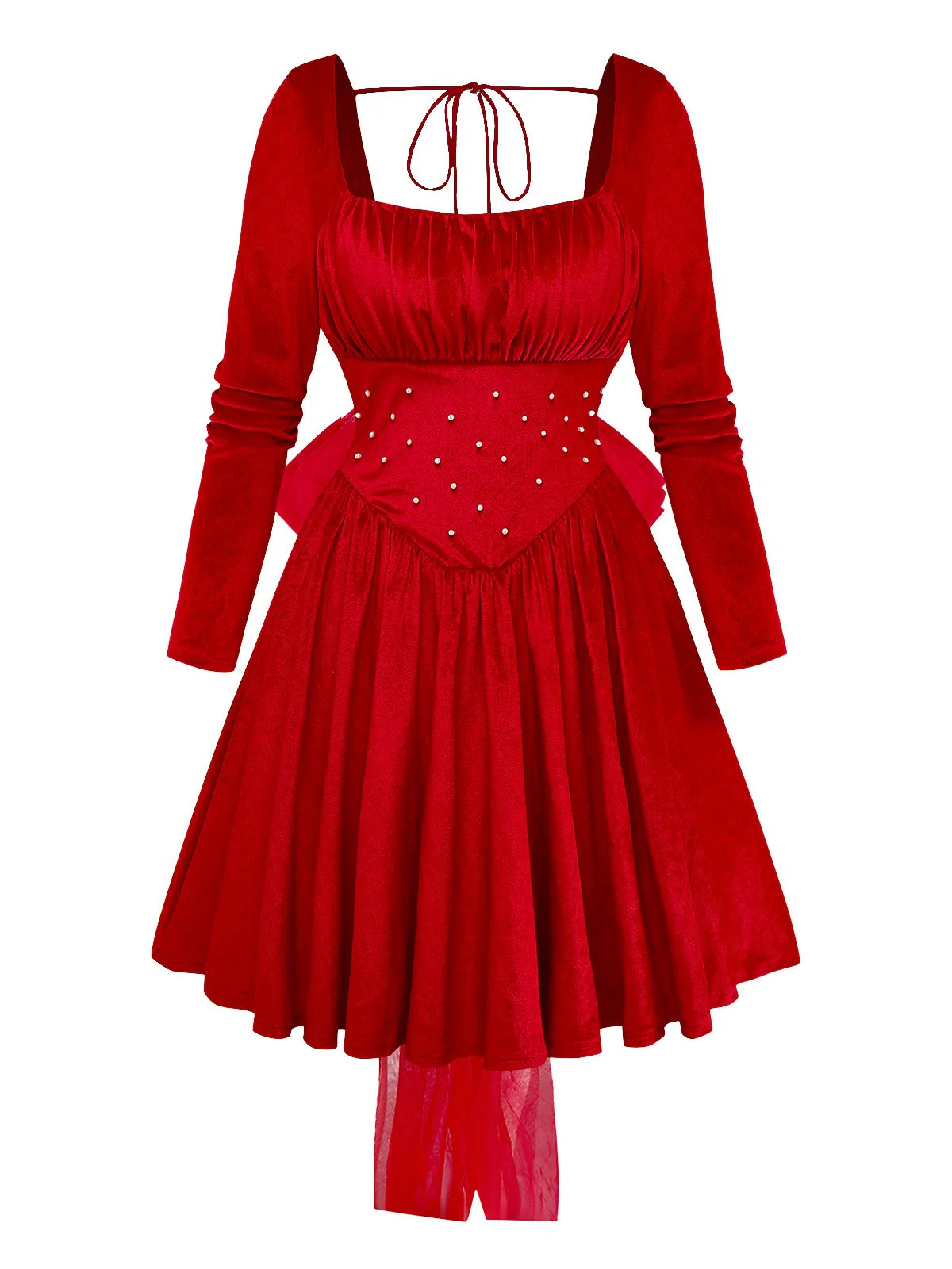 Robe rouge en velours ornée de perles et de tulle froncé avec nœud années 1950 - Image 2