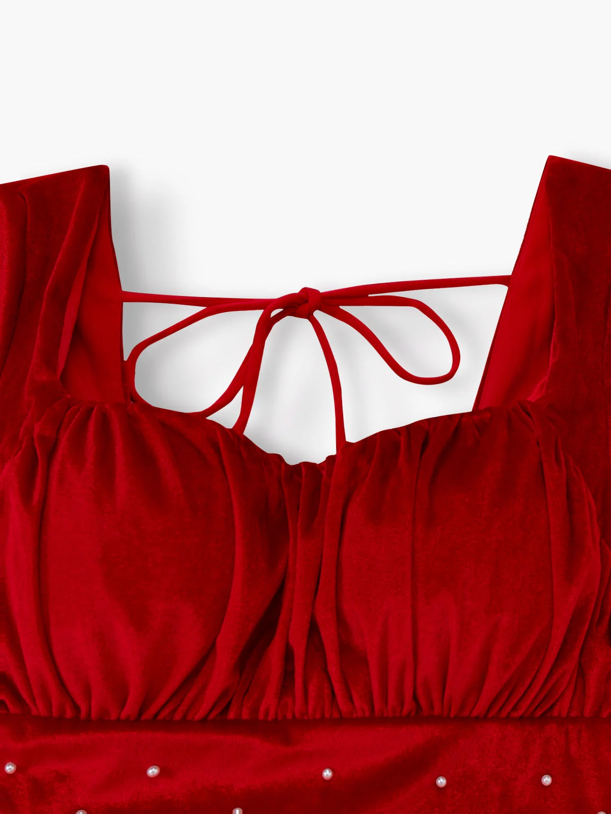 Robe rouge en velours ornée de perles et de tulle froncé avec nœud années 1950 - Image 4