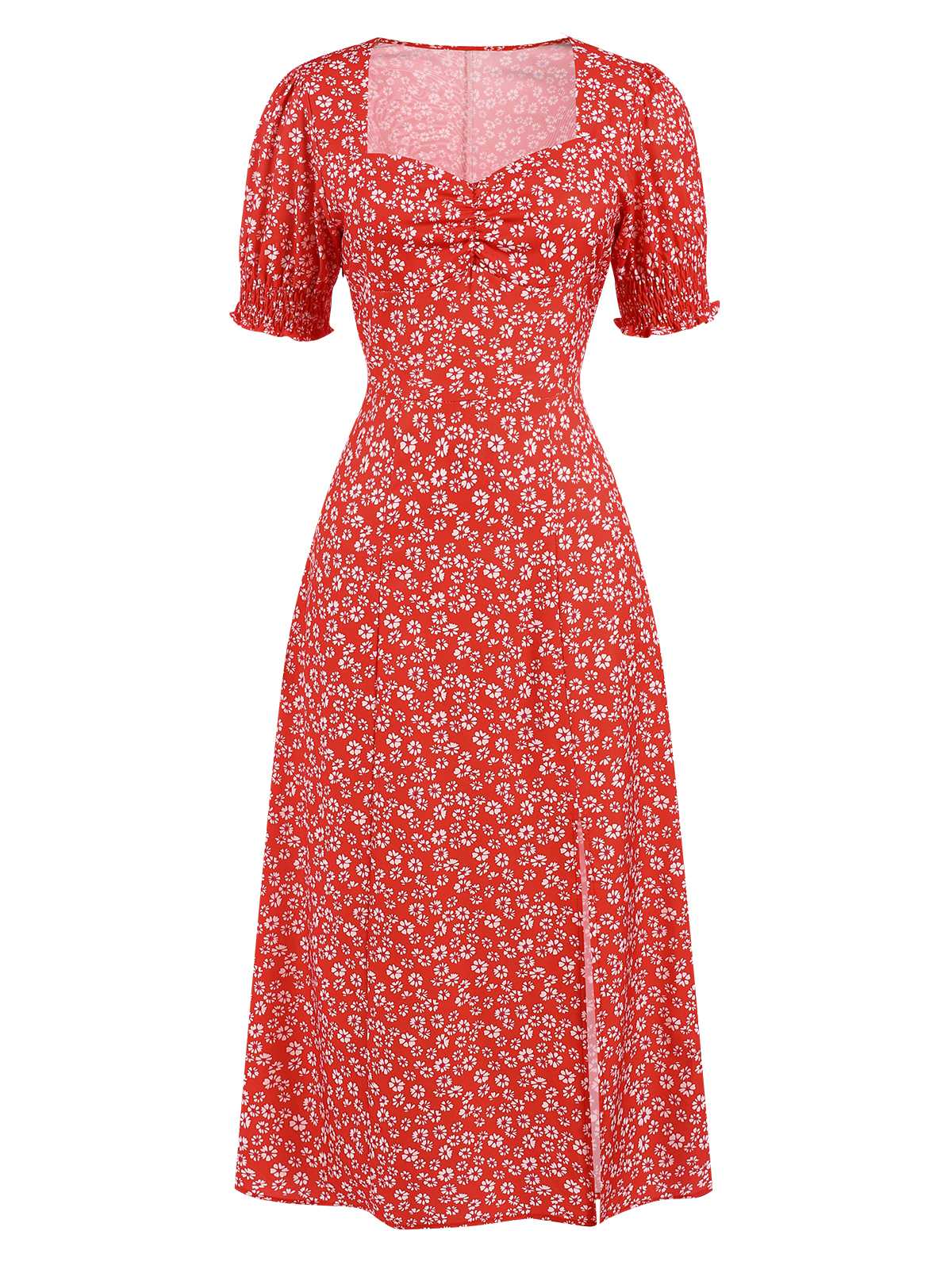 Robe rouge fendue à petites fleurs et col carré des années 1940