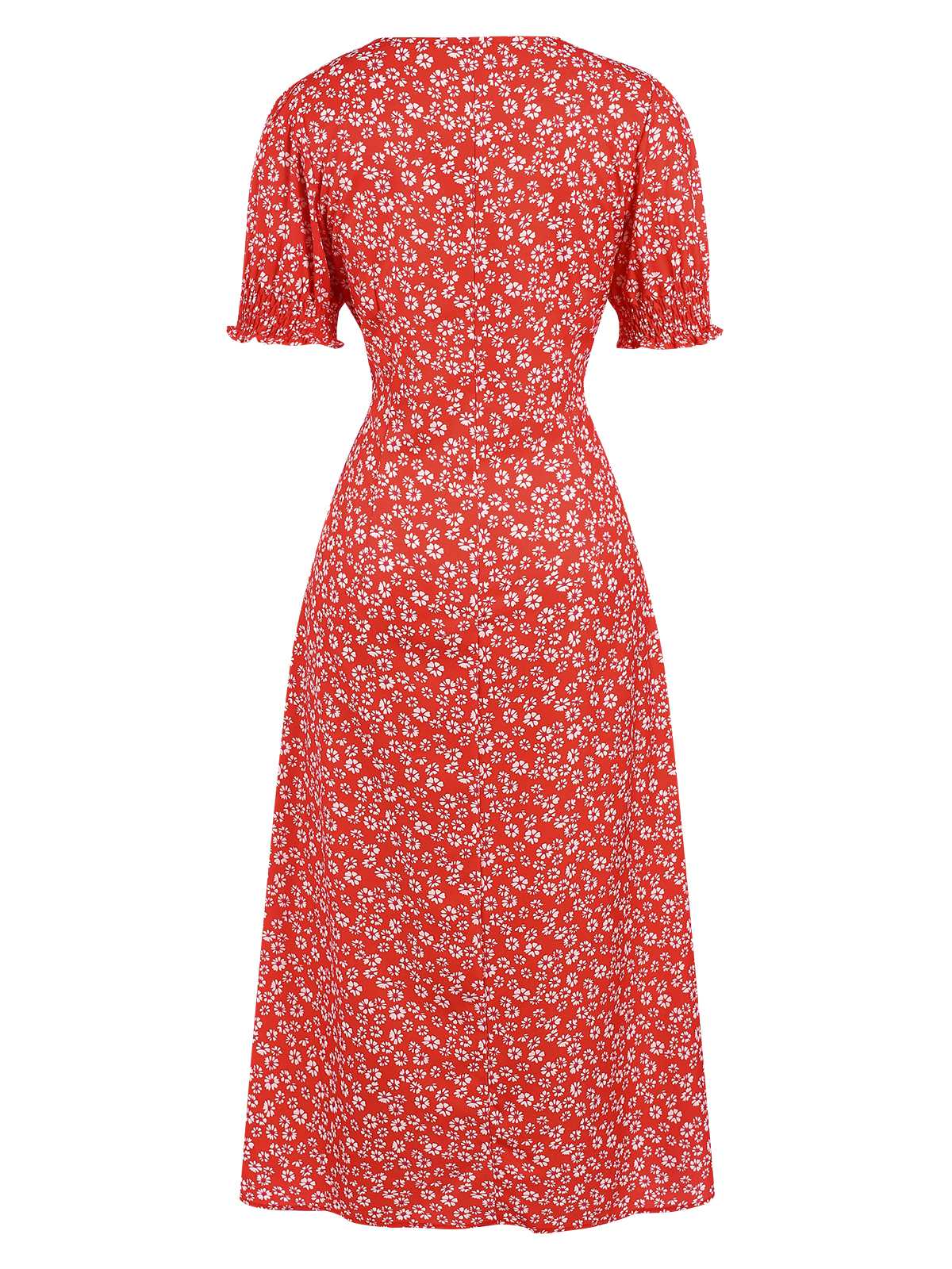 Robe rouge fendue à petites fleurs et col carré des années 1940 - Image 2