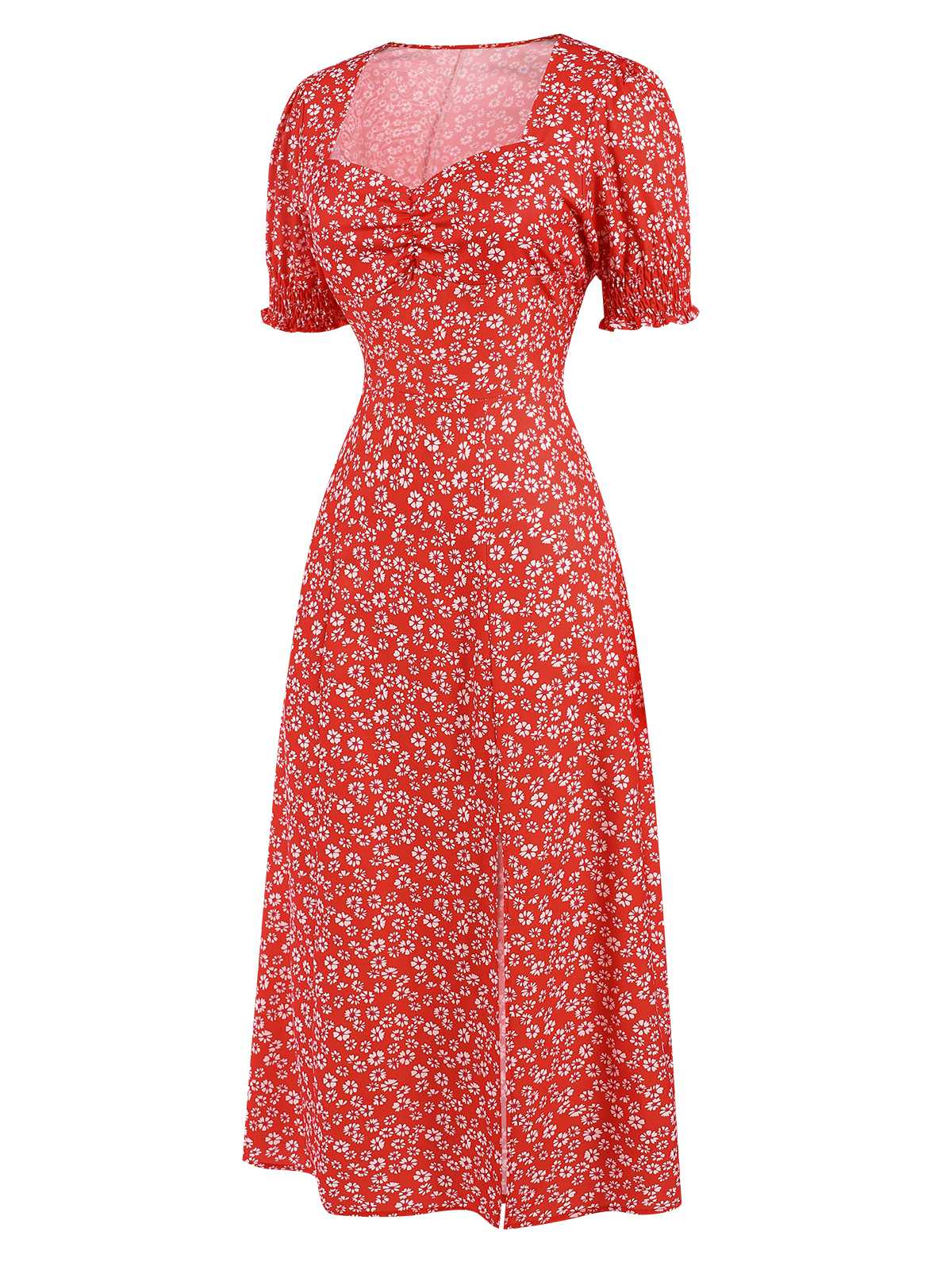 Robe rouge fendue à petites fleurs et col carré des années 1940 - Image 3