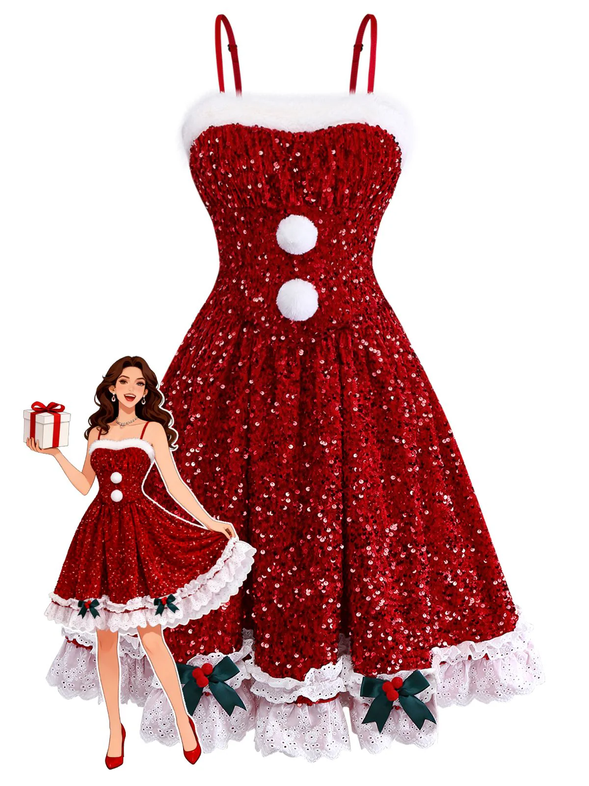 Robe rouge à nœud et sequins ourlet brut années 50