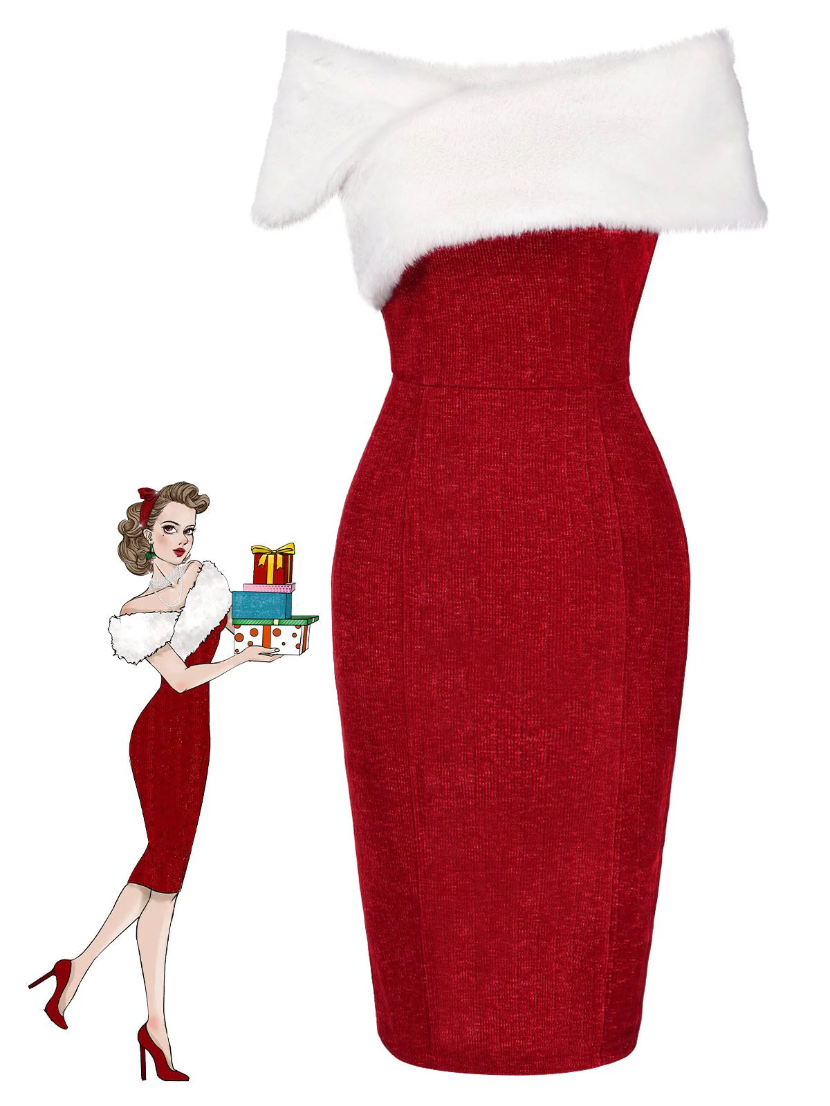 Robe rouge à épaules dénudées en fausse fourrure des années 1960 - Image 6
