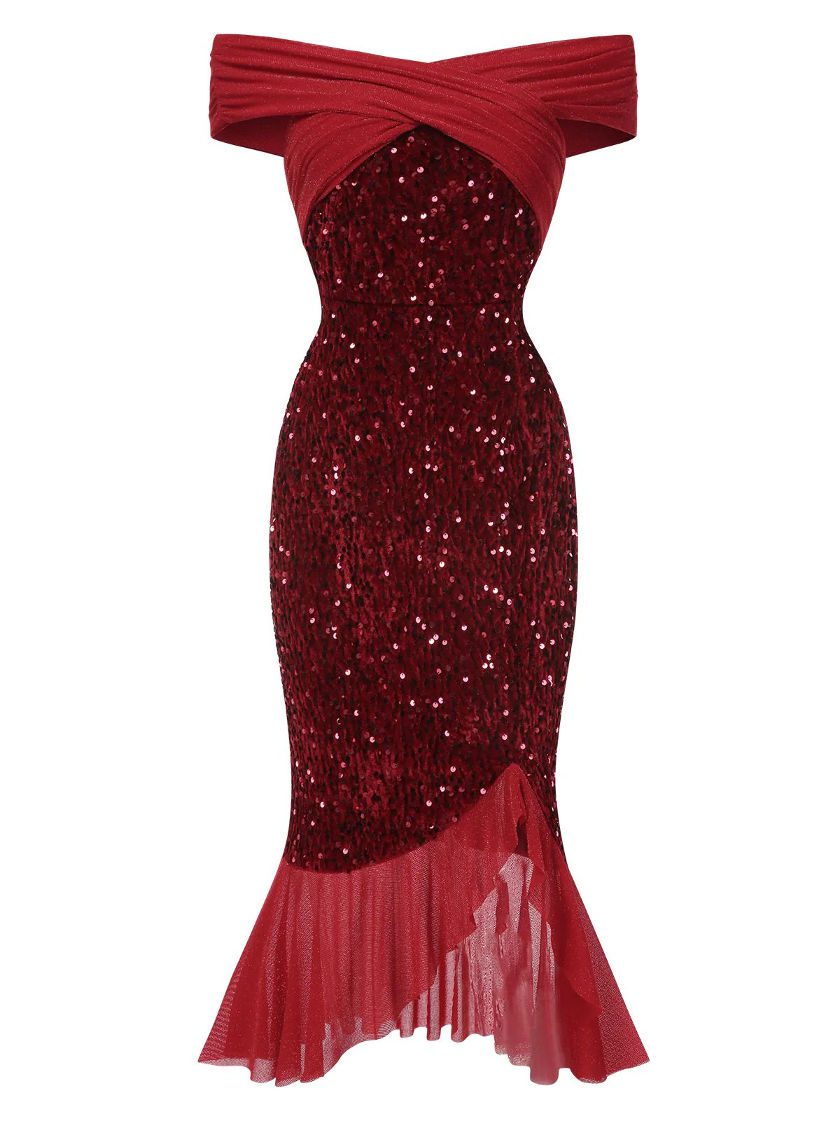 Robe rouge de sirène à épaules dénudées à paillettes des années 1930 - Image 2