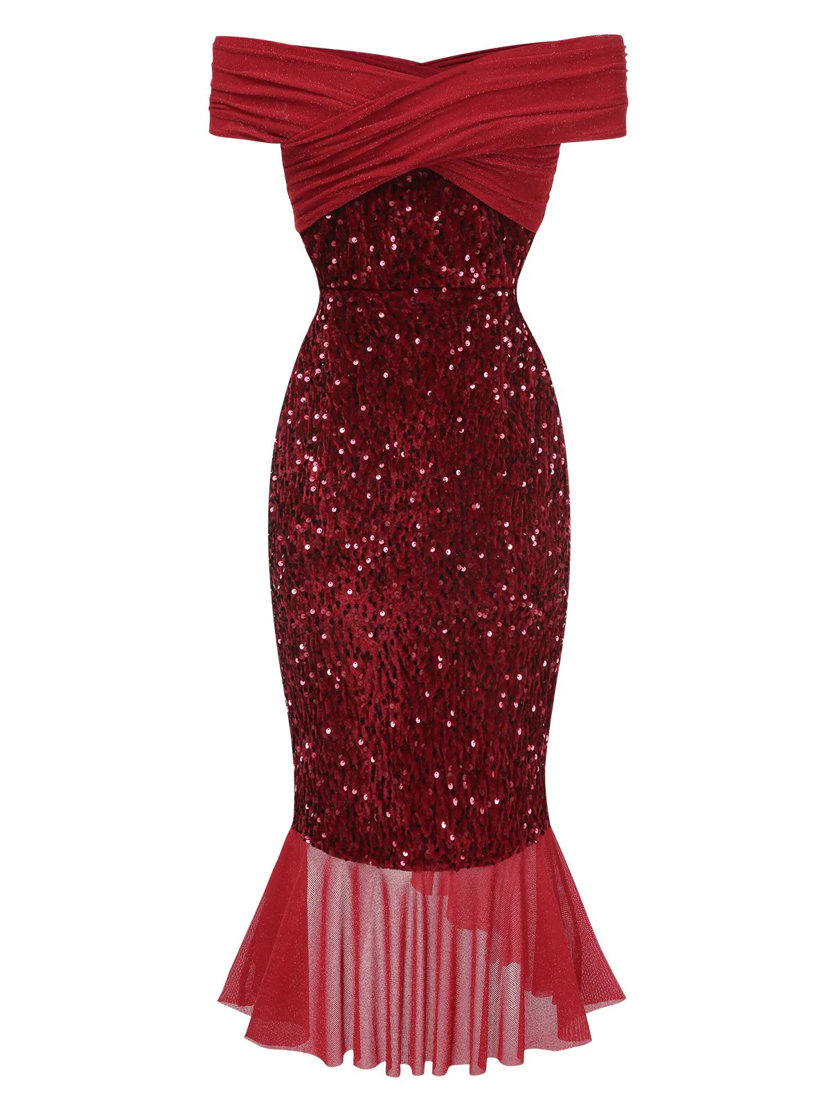 Robe rouge de sirène à épaules dénudées à paillettes des années 1930 - Image 3