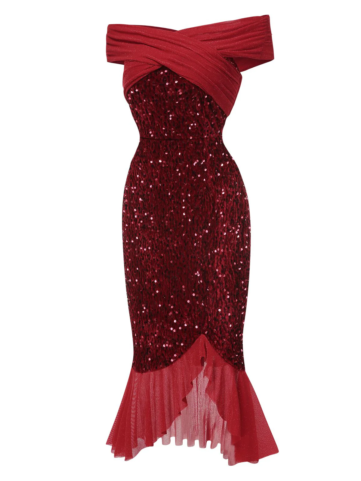 Robe rouge de sirène à épaules dénudées à paillettes des années 1930 - Image 4