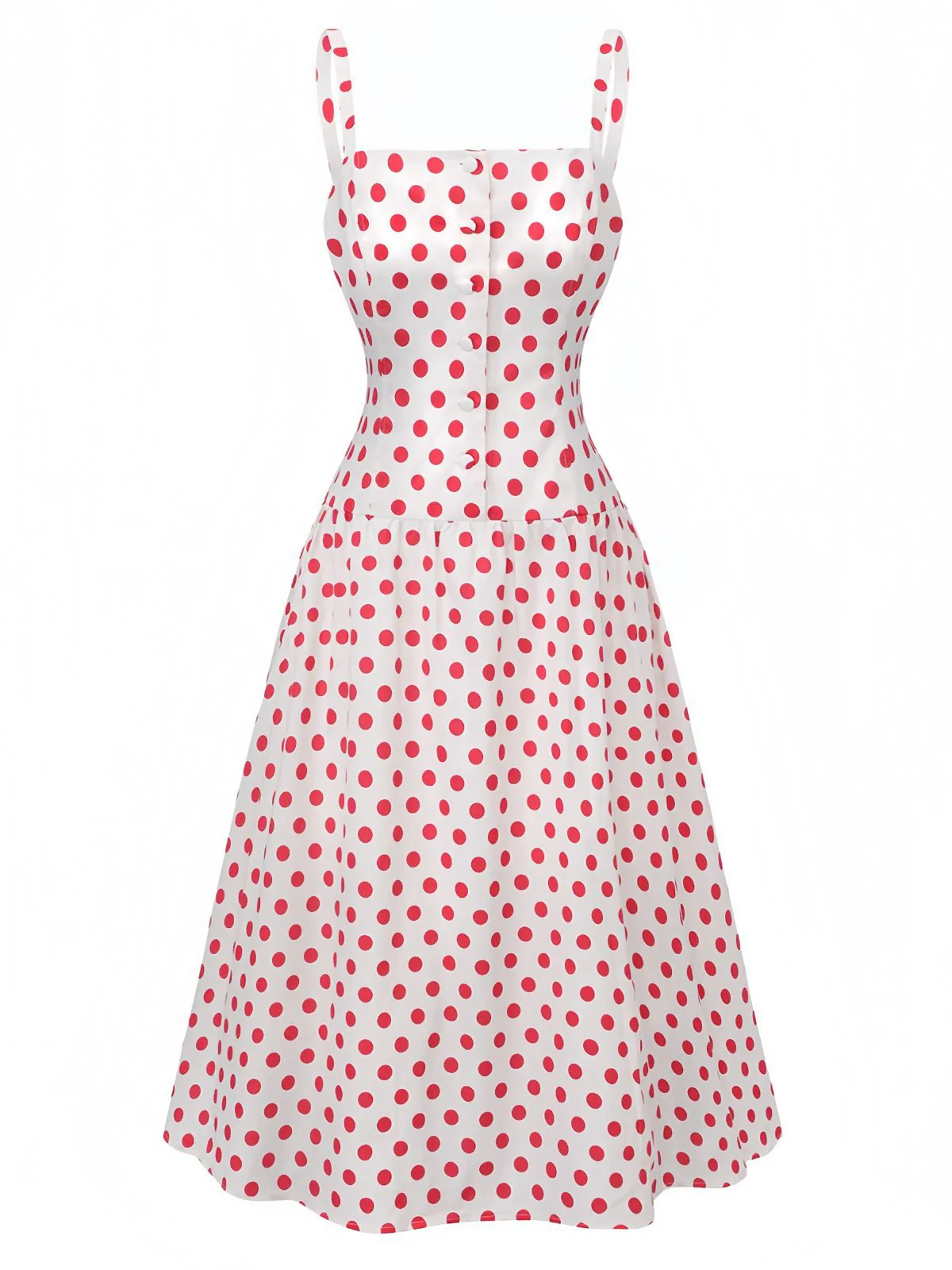 Robe Rouge Pois Col Carré Bretelles Larges Années 50 - Image 2