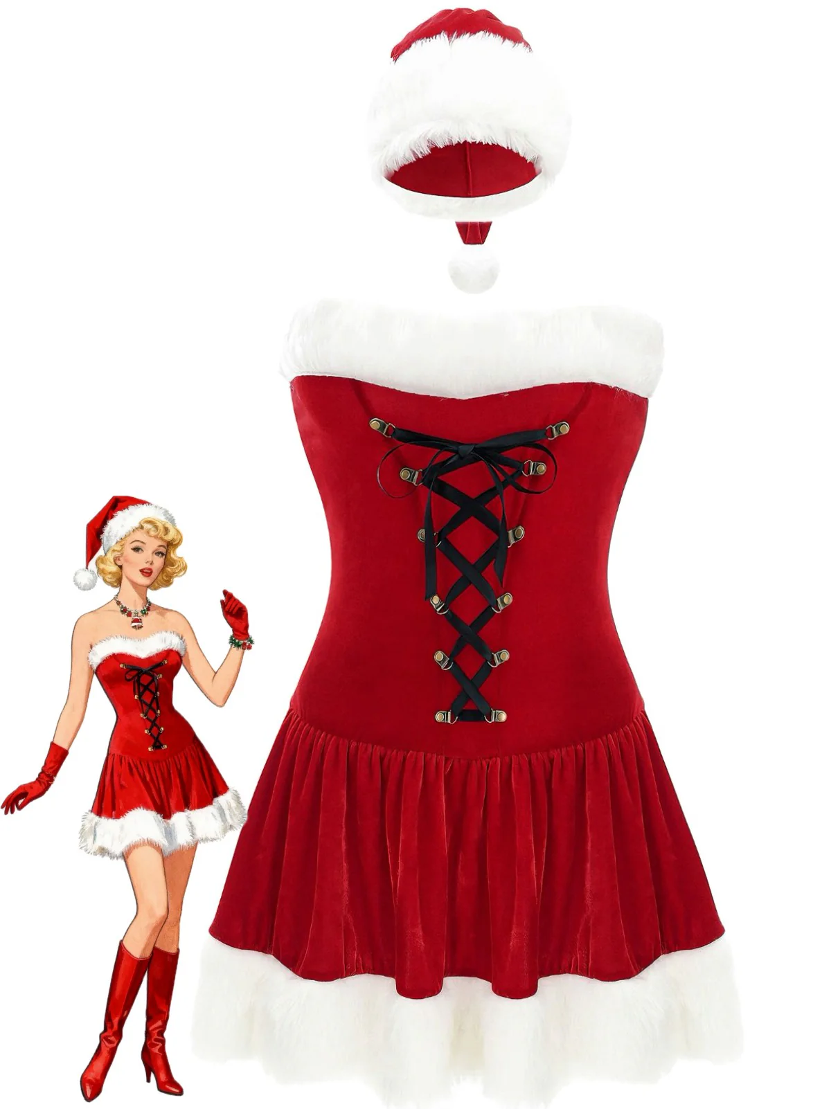Robe rouge style Père Noël sans bretelles à lacets en peluche des années 1970