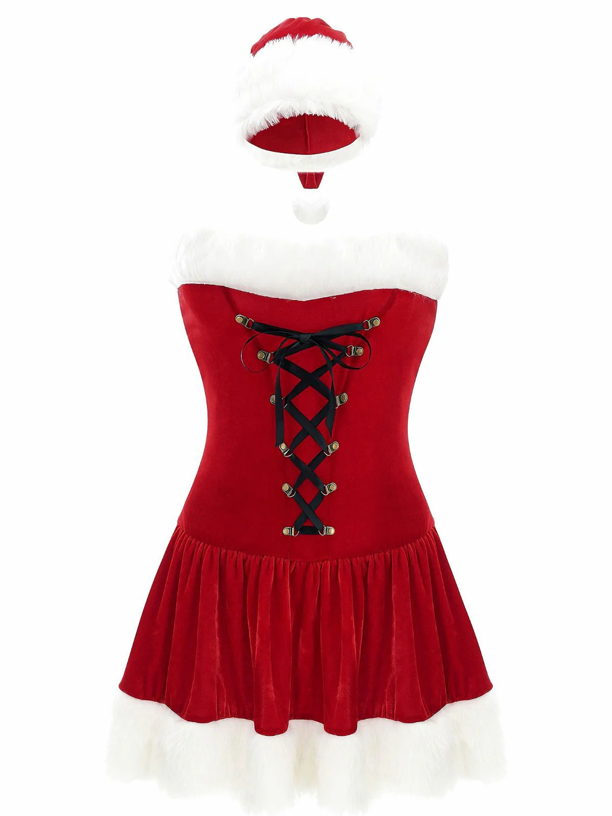 Robe rouge style Père Noël sans bretelles à lacets en peluche des années 1970 - Image 2