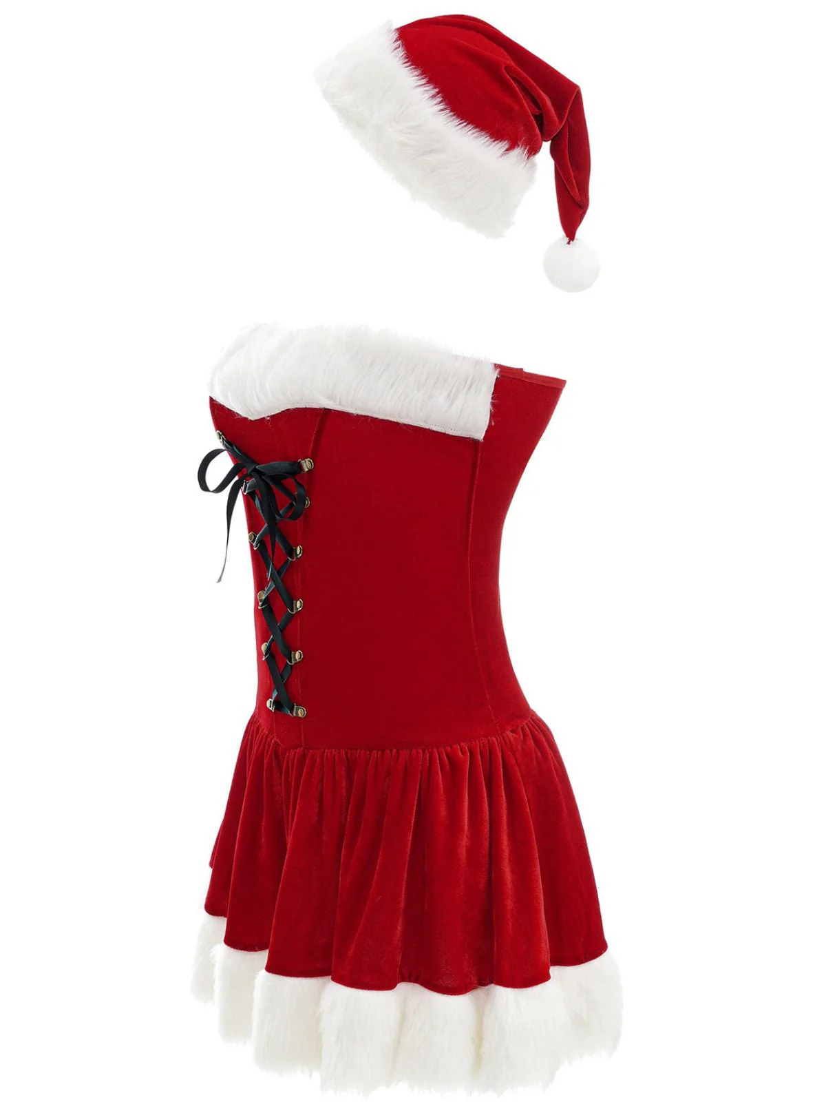 Robe rouge style Père Noël sans bretelles à lacets en peluche des années 1970 - Image 3