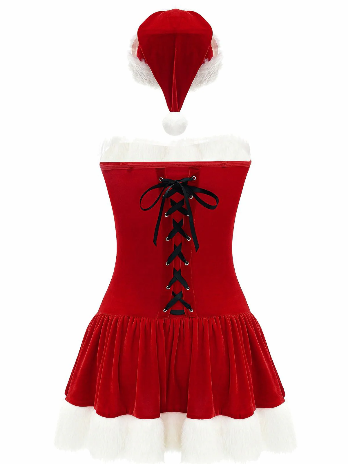 Robe rouge style Père Noël sans bretelles à lacets en peluche des années 1970 - Image 4