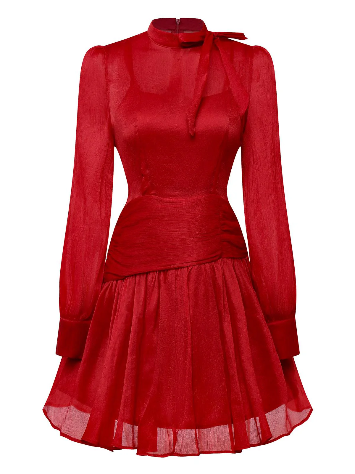 Robe rouge unie manches longues et col noué froncé des années 1960