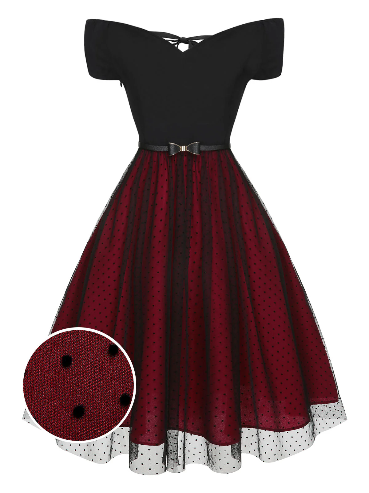 Robe rouge vin à épaules dénudées à pois des années 1950 - Image 2