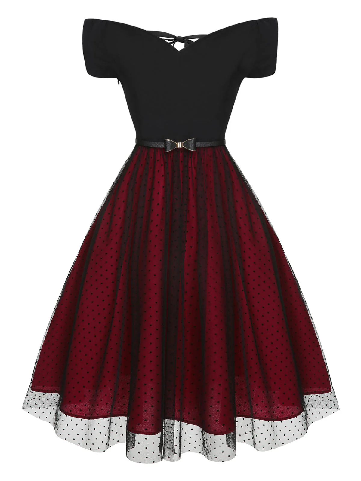 Robe rouge vin à épaules dénudées à pois des années 1950 - Image 3