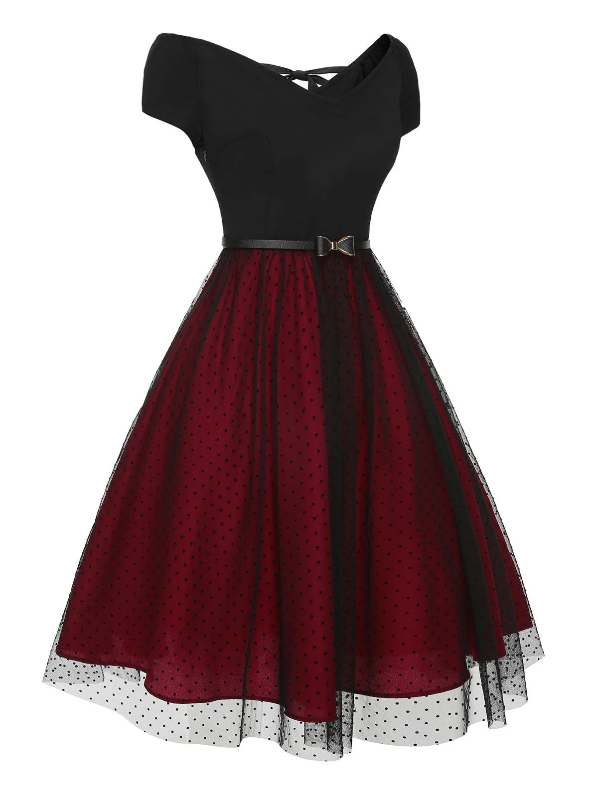 Robe rouge vin à épaules dénudées à pois des années 1950 - Image 4