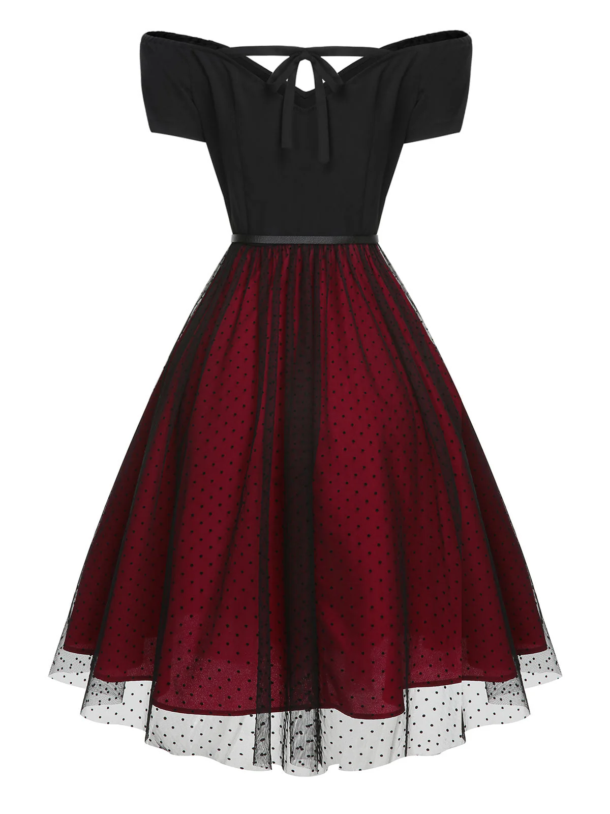 Robe rouge vin à épaules dénudées à pois des années 1950 - Image 5